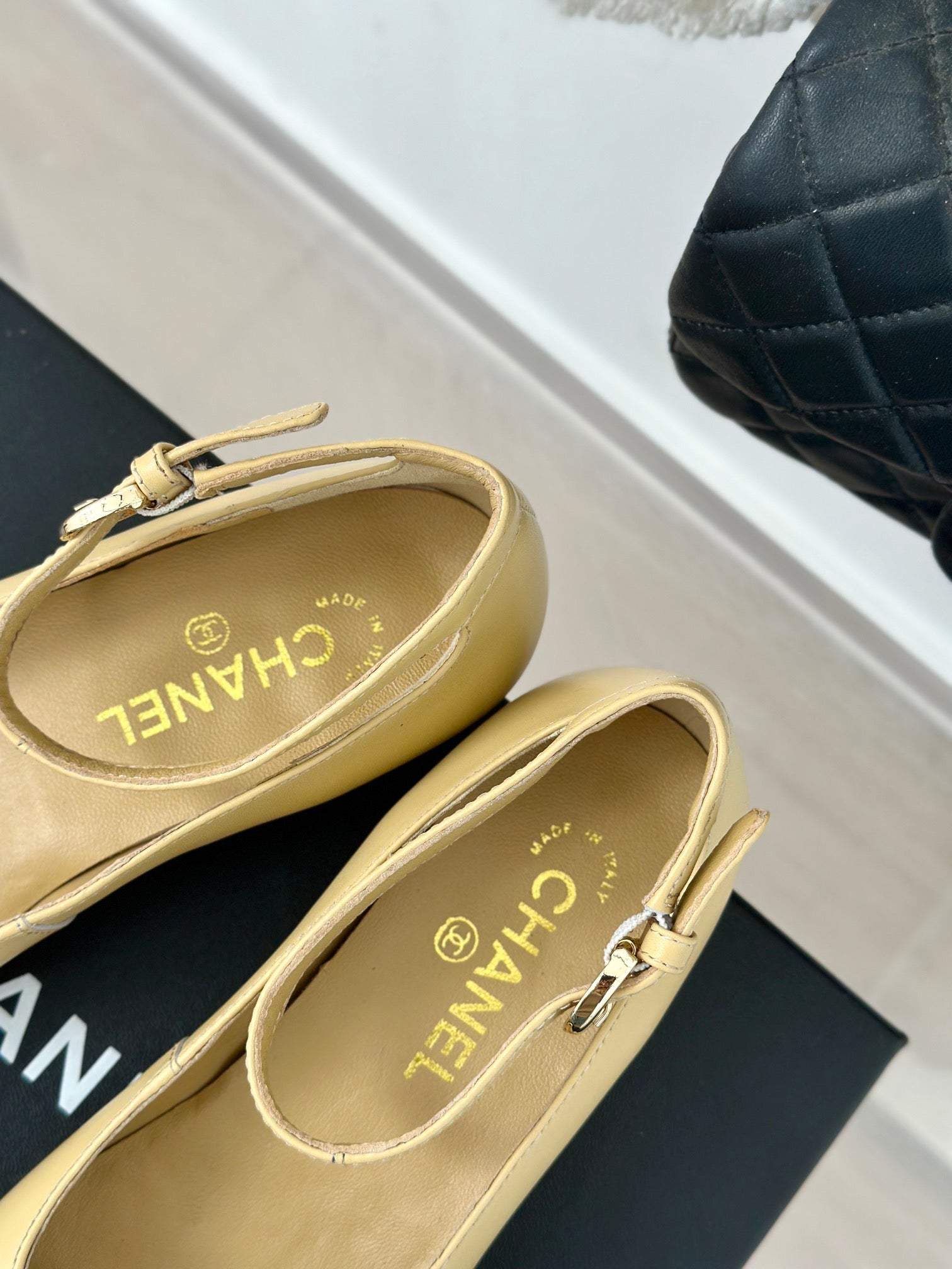 CC Mary Jane Beige Yellow Round Nose Lambskin