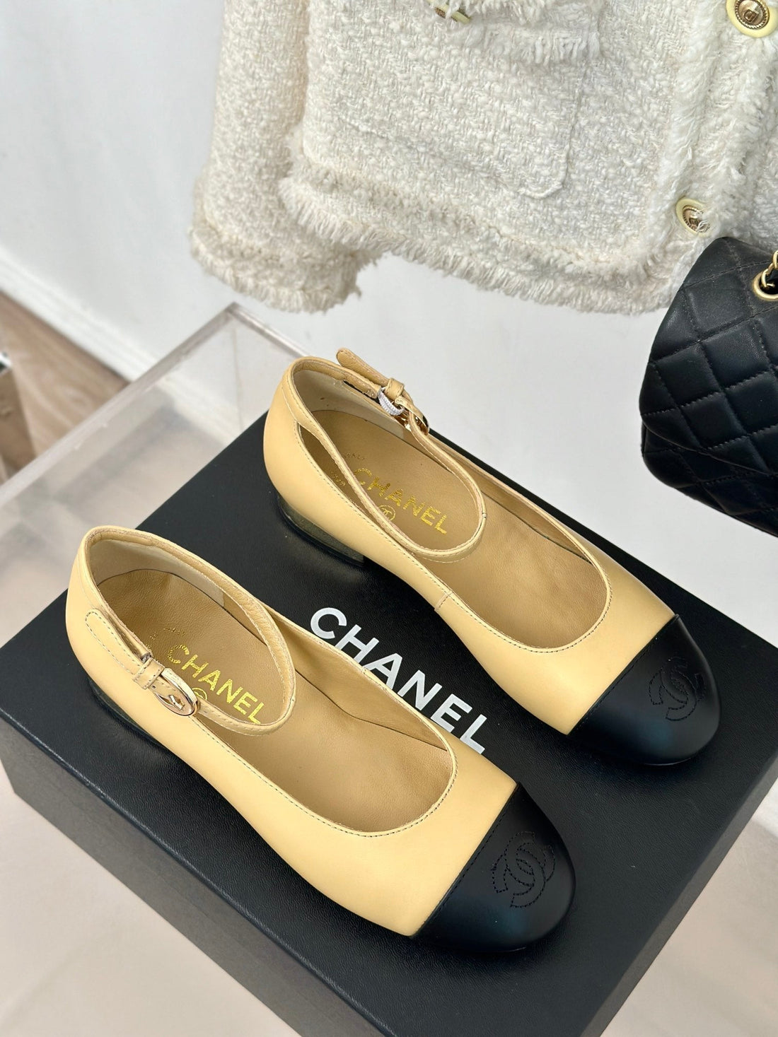 CC Mary Jane Beige Yellow Round Nose Lambskin