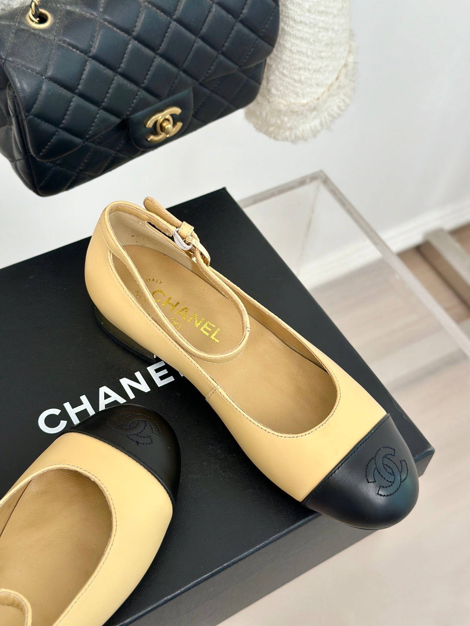 CC Mary Jane Beige Yellow Round Nose Lambskin