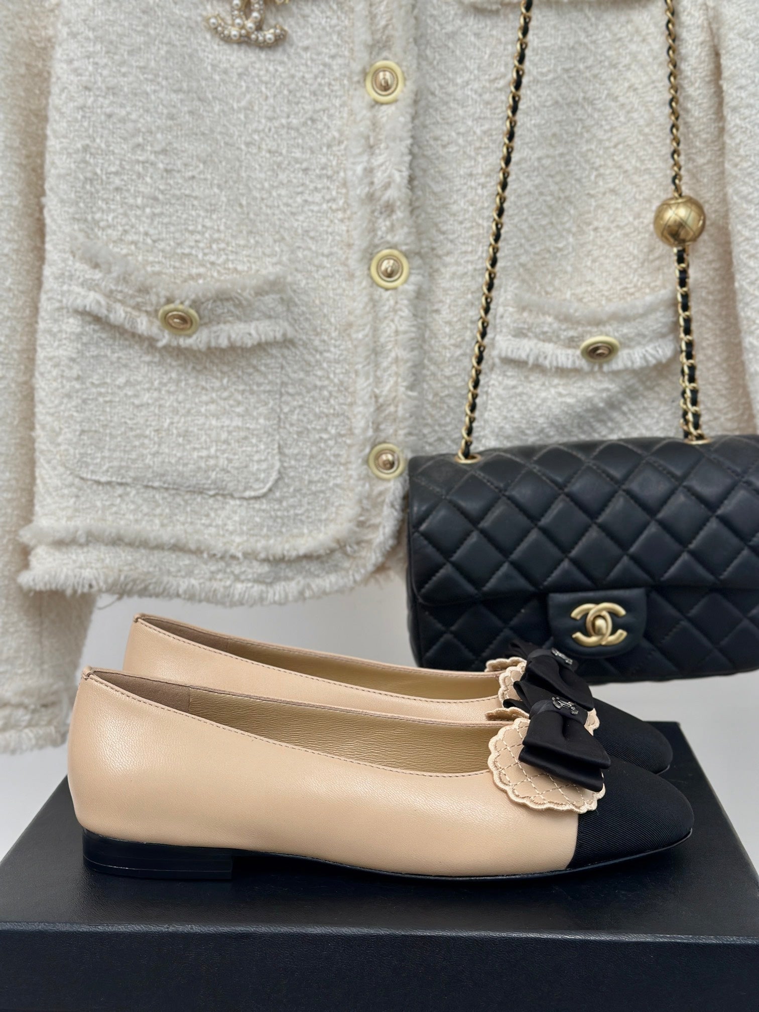 CC Ballet Flats Beige With Bow Lambskin