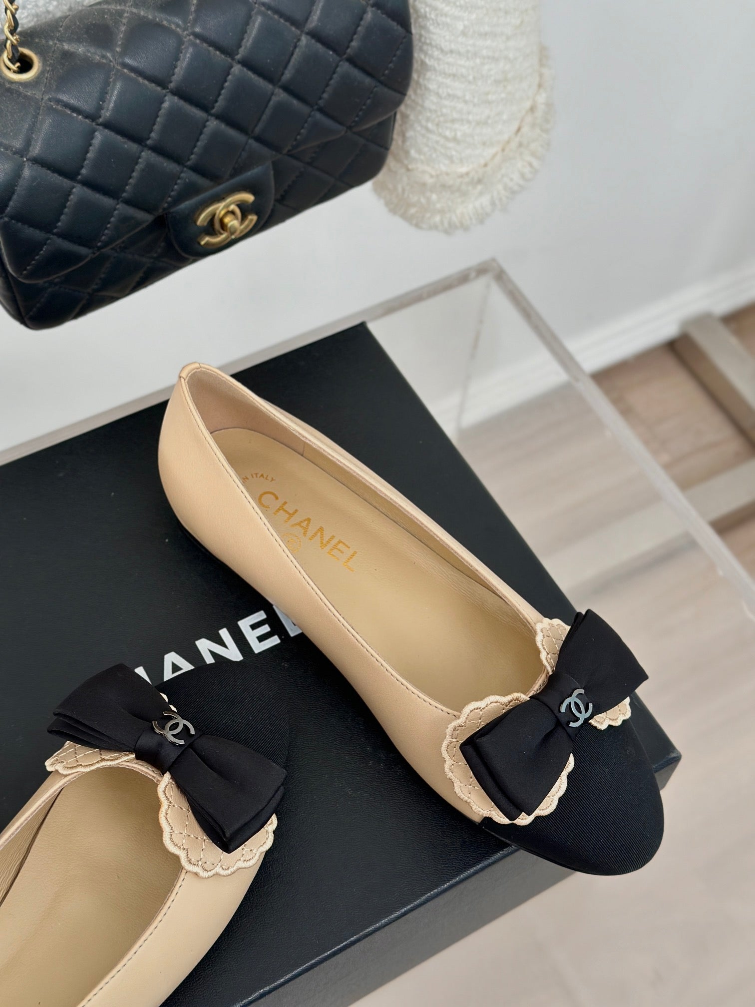 CC Ballet Flats Beige With Bow Lambskin