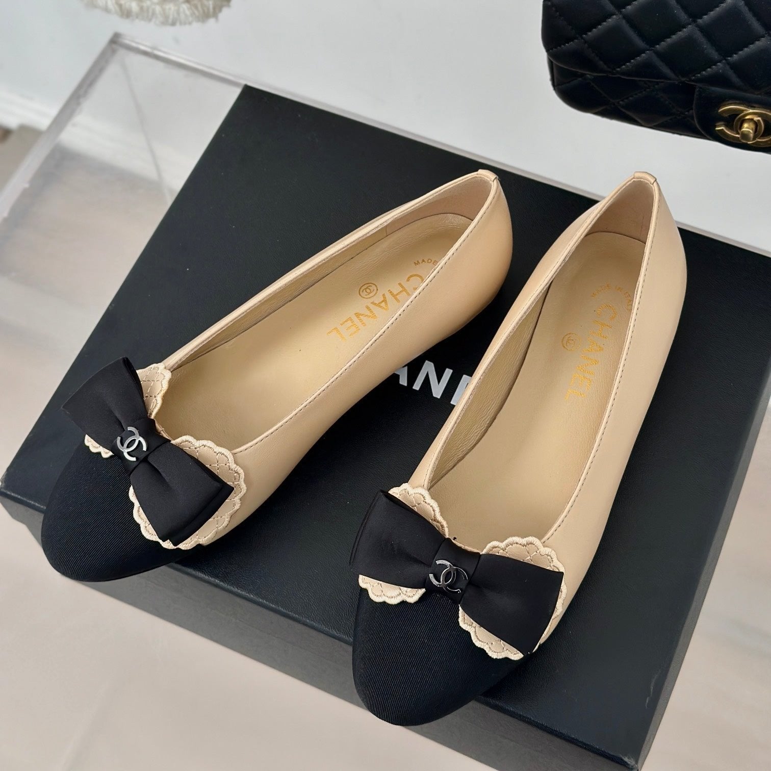 CC Ballet Flats Beige With Bow Lambskin