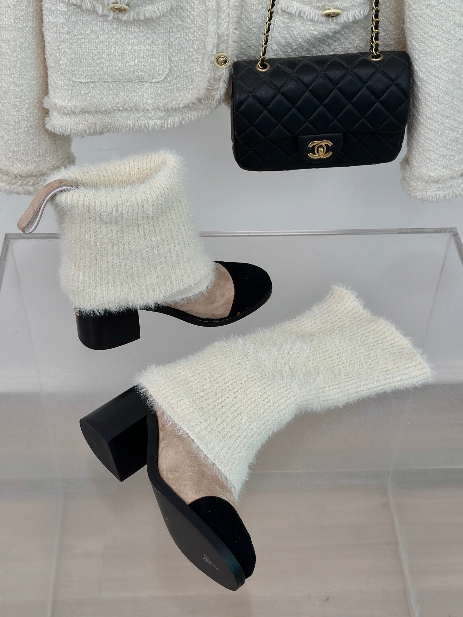 CC Short Boots 60mm Beige White Suede And Wool Yarn