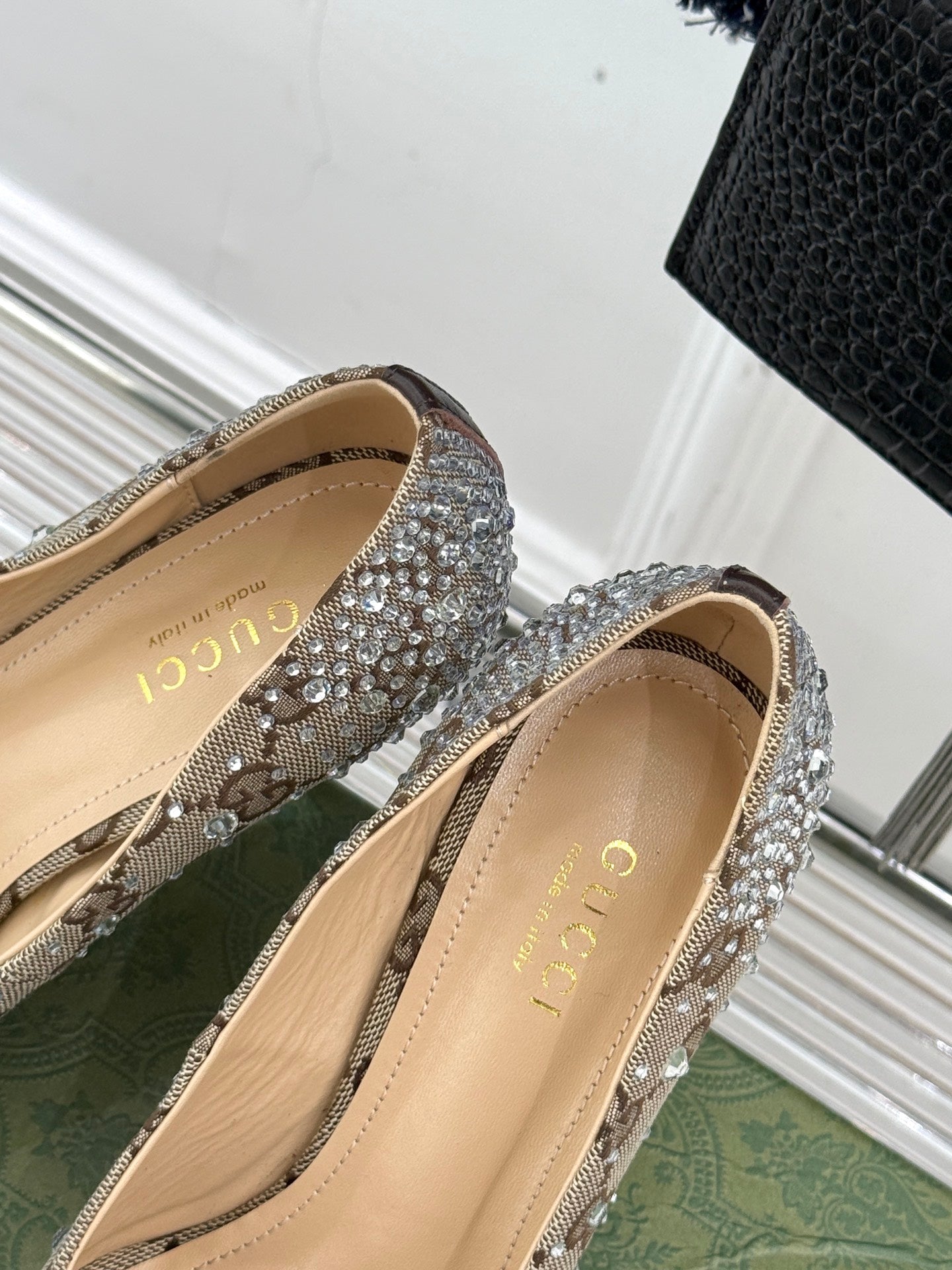 GG Pump 85 Beige Ebony Canvas Crystal-Embellished