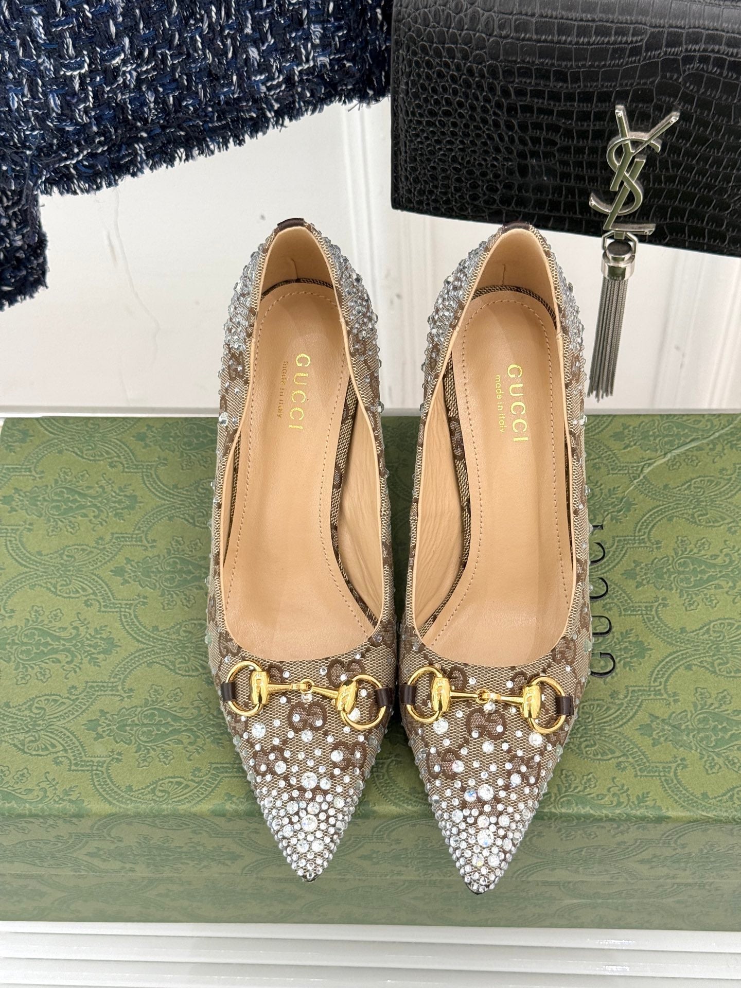 GG Pump 85 Beige Ebony Canvas Crystal-Embellished