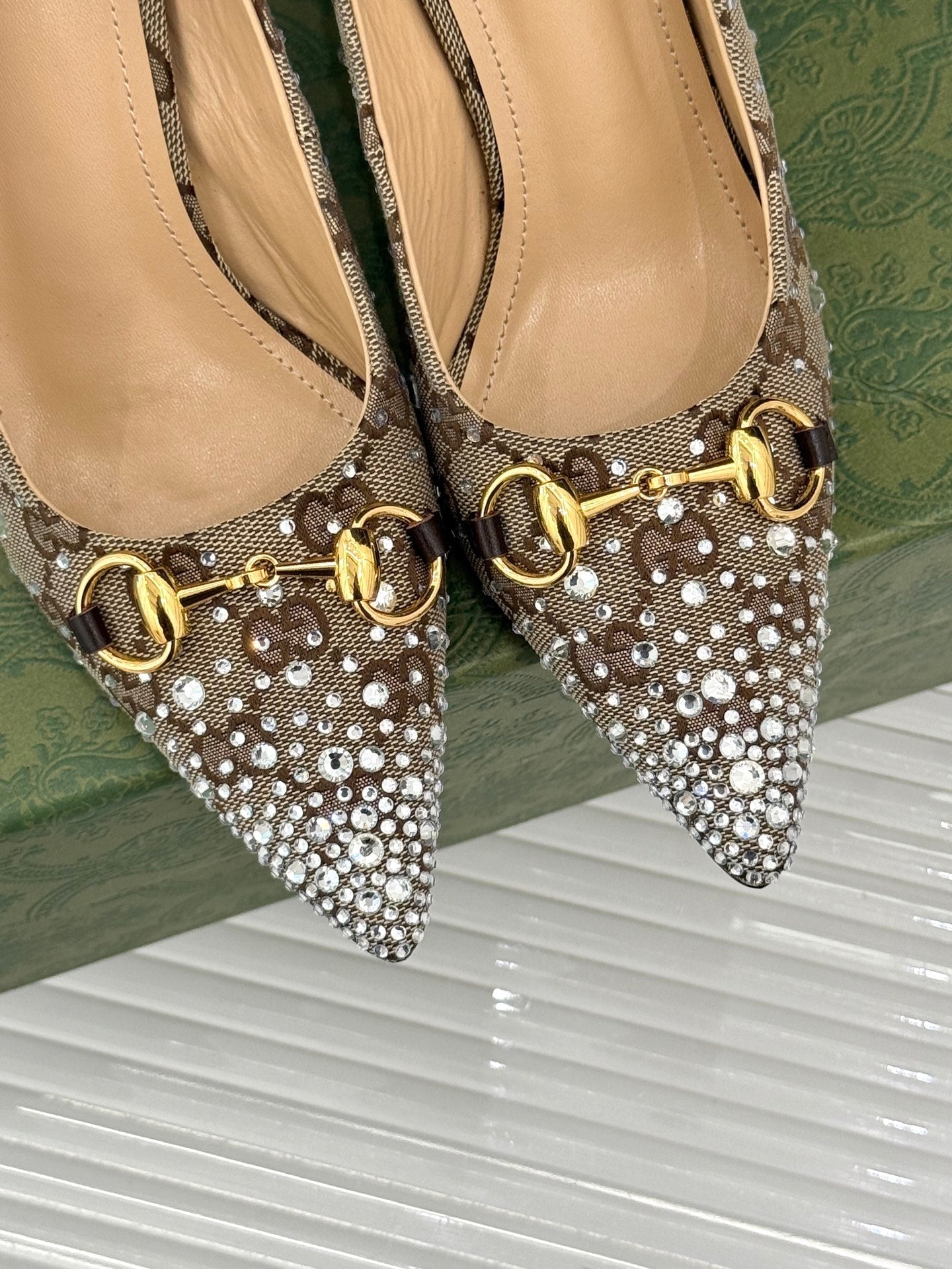 GG Pump 85 Beige Ebony Canvas Crystal-Embellished