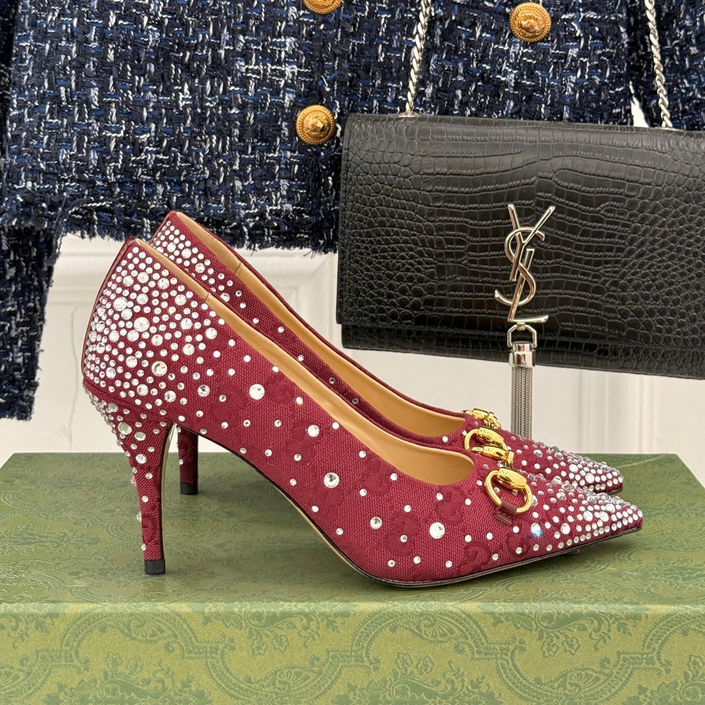 GG Pump 85 Red Ebony Canvas Crystal-Embellished