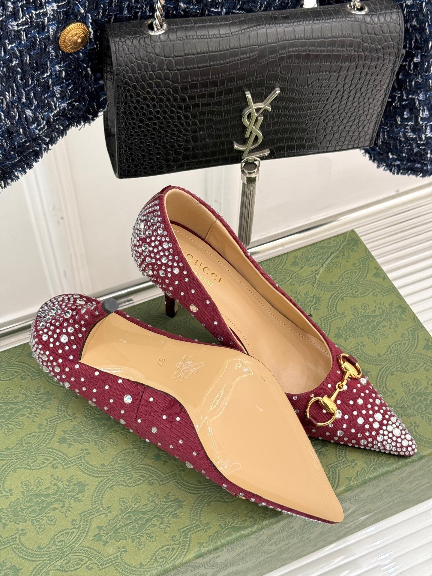 GG Pump 85 Red Ebony Canvas Crystal-Embellished