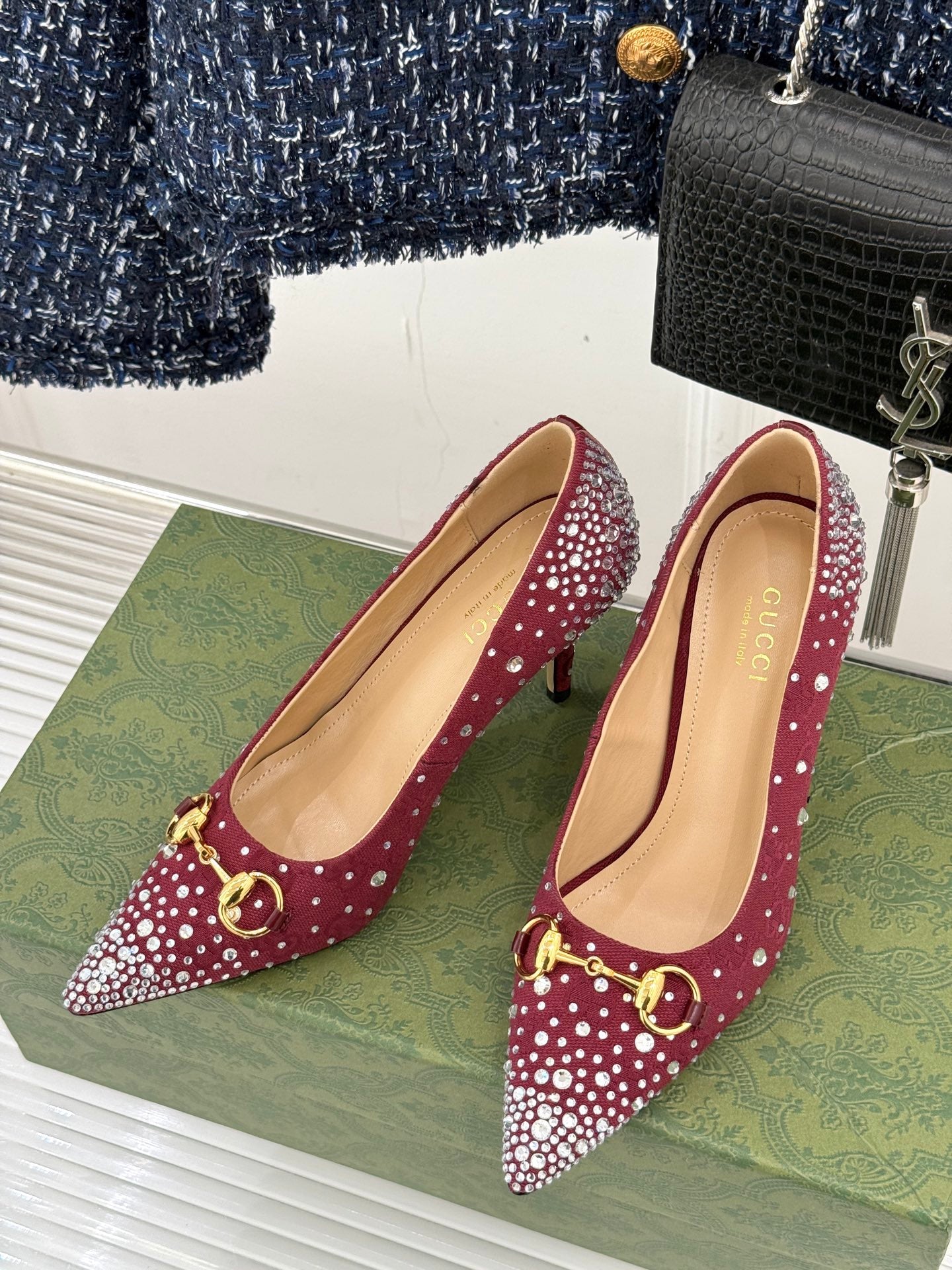 GG Pump 85 Red Ebony Canvas Crystal-Embellished