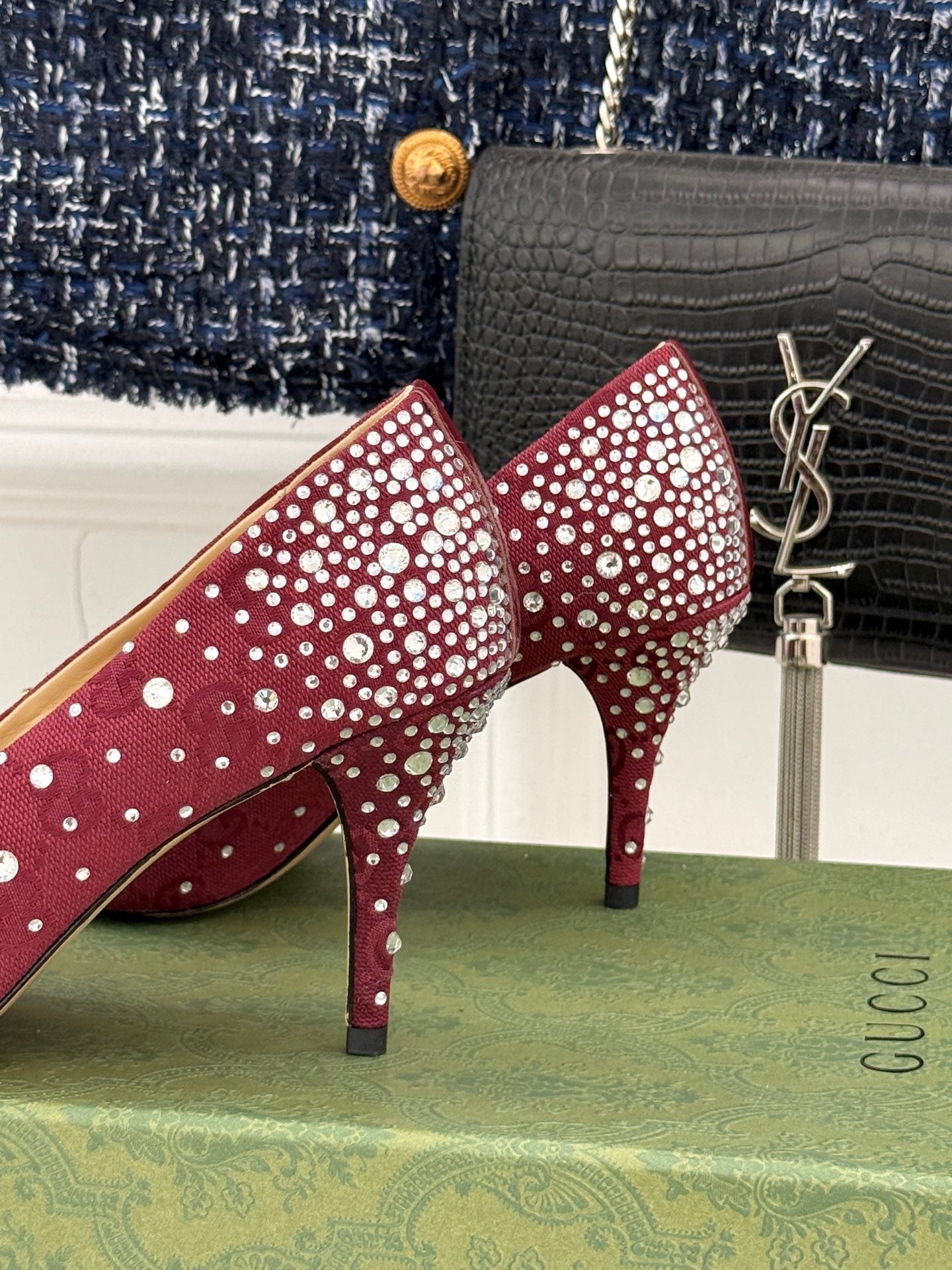GG Pump 85 Red Ebony Canvas Crystal-Embellished