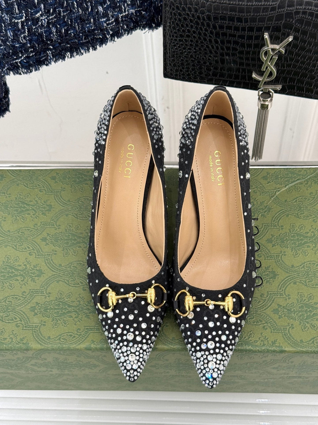 GG Pump 85 Black Ebony Canvas Crystal-Embellished
