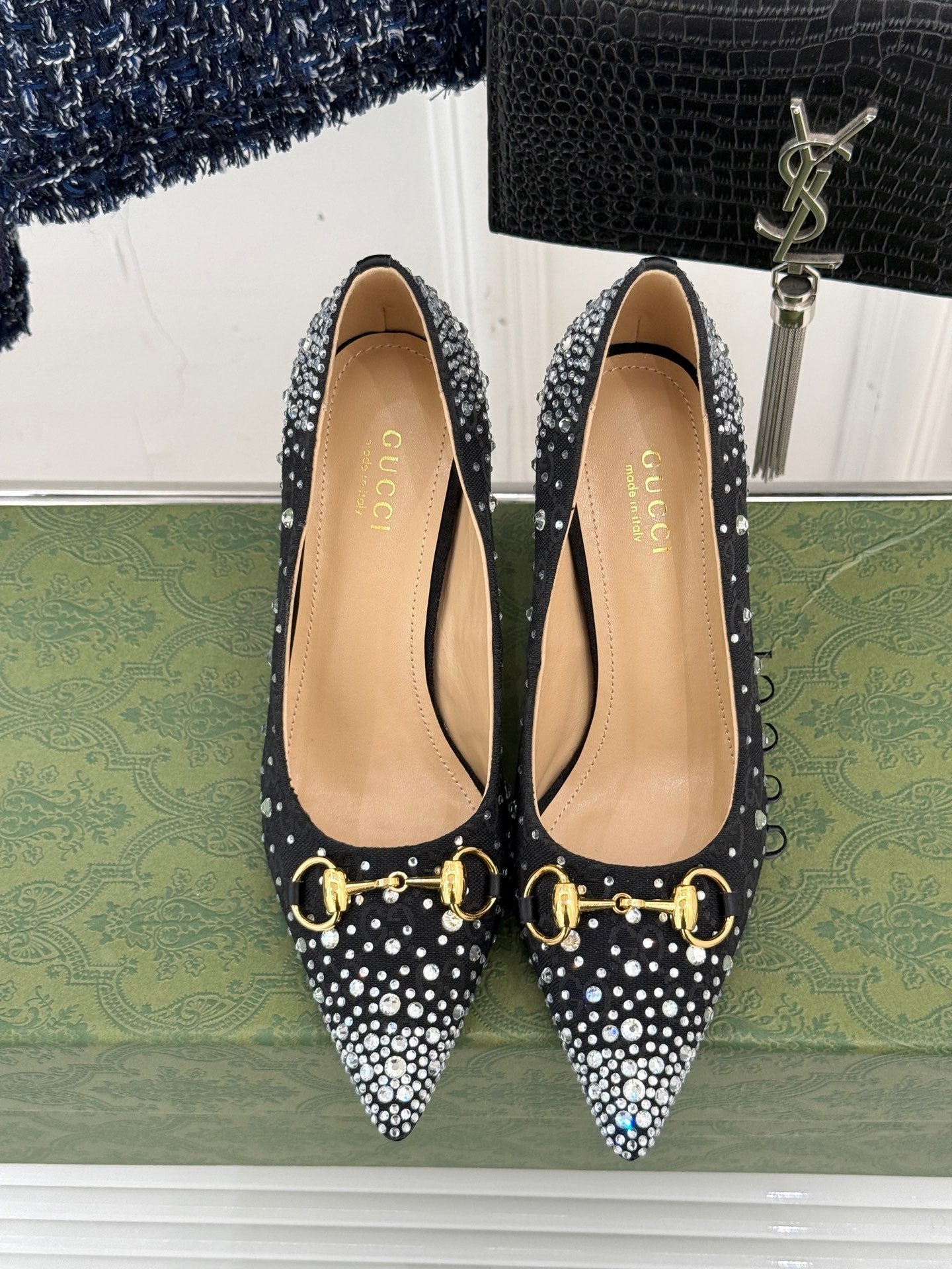 GG Pump 85 Black Ebony Canvas Crystal-Embellished