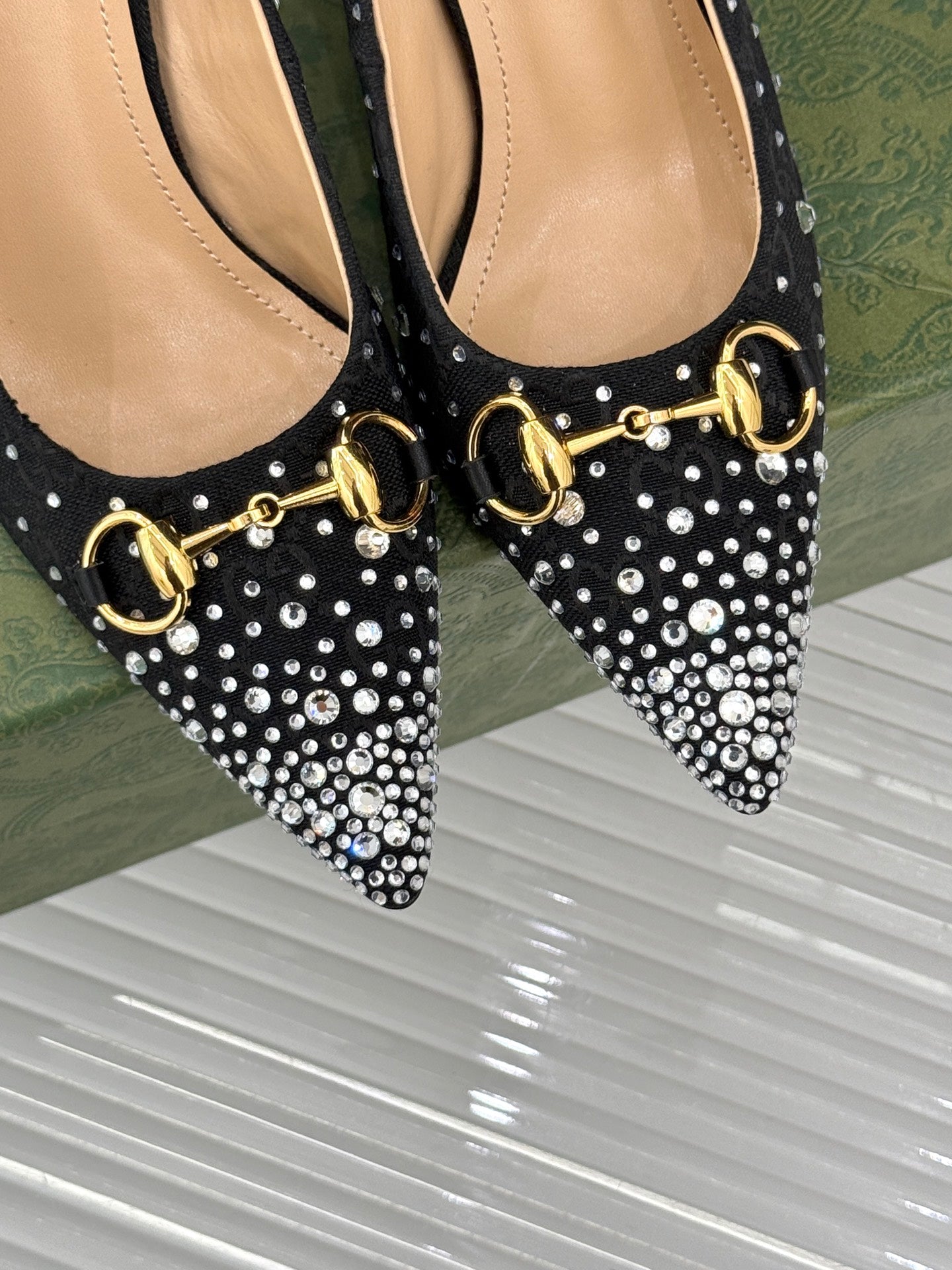 GG Pump 85 Black Ebony Canvas Crystal-Embellished