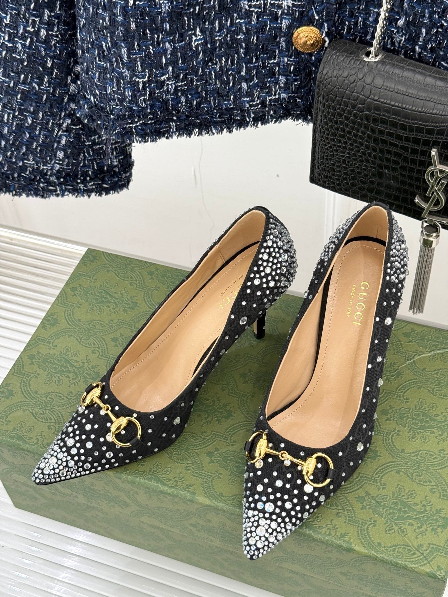 GG Pump 85 Black Ebony Canvas Crystal-Embellished