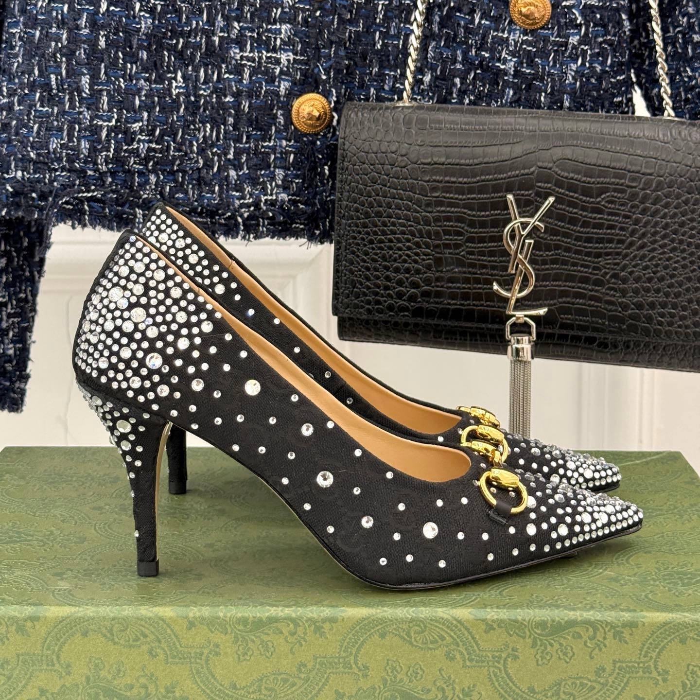 GG Pump 85 Black Ebony Canvas Crystal-Embellished