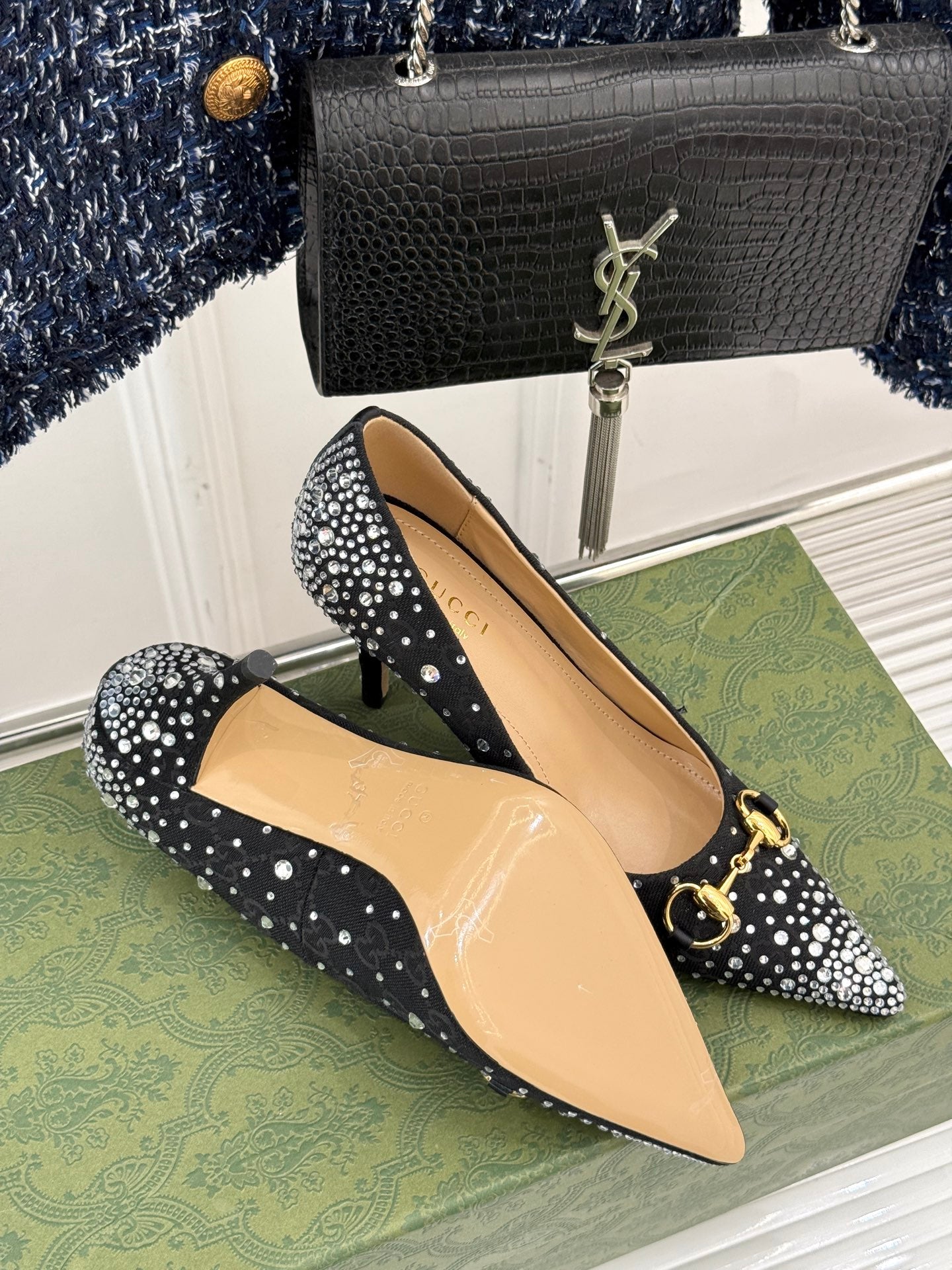 GG Pump 85 Black Ebony Canvas Crystal-Embellished