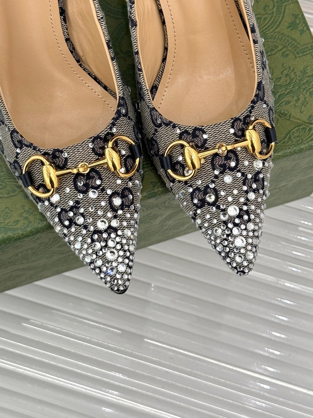 GG Pump 85 Beige Black Ebony Canvas Crystal-Embellished