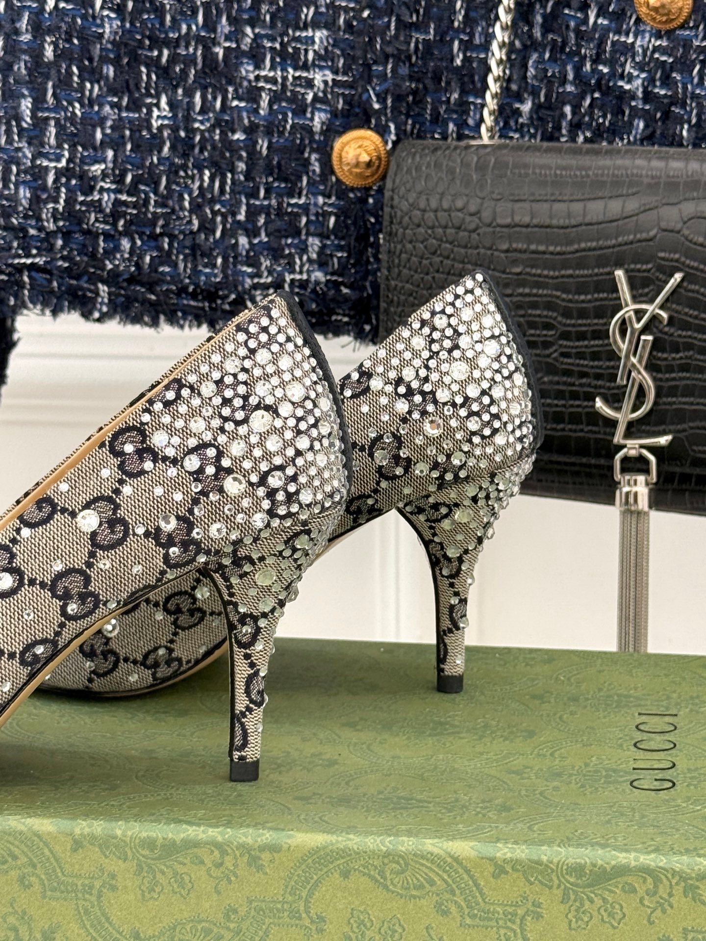 GG Pump 85 Beige Black Ebony Canvas Crystal-Embellished