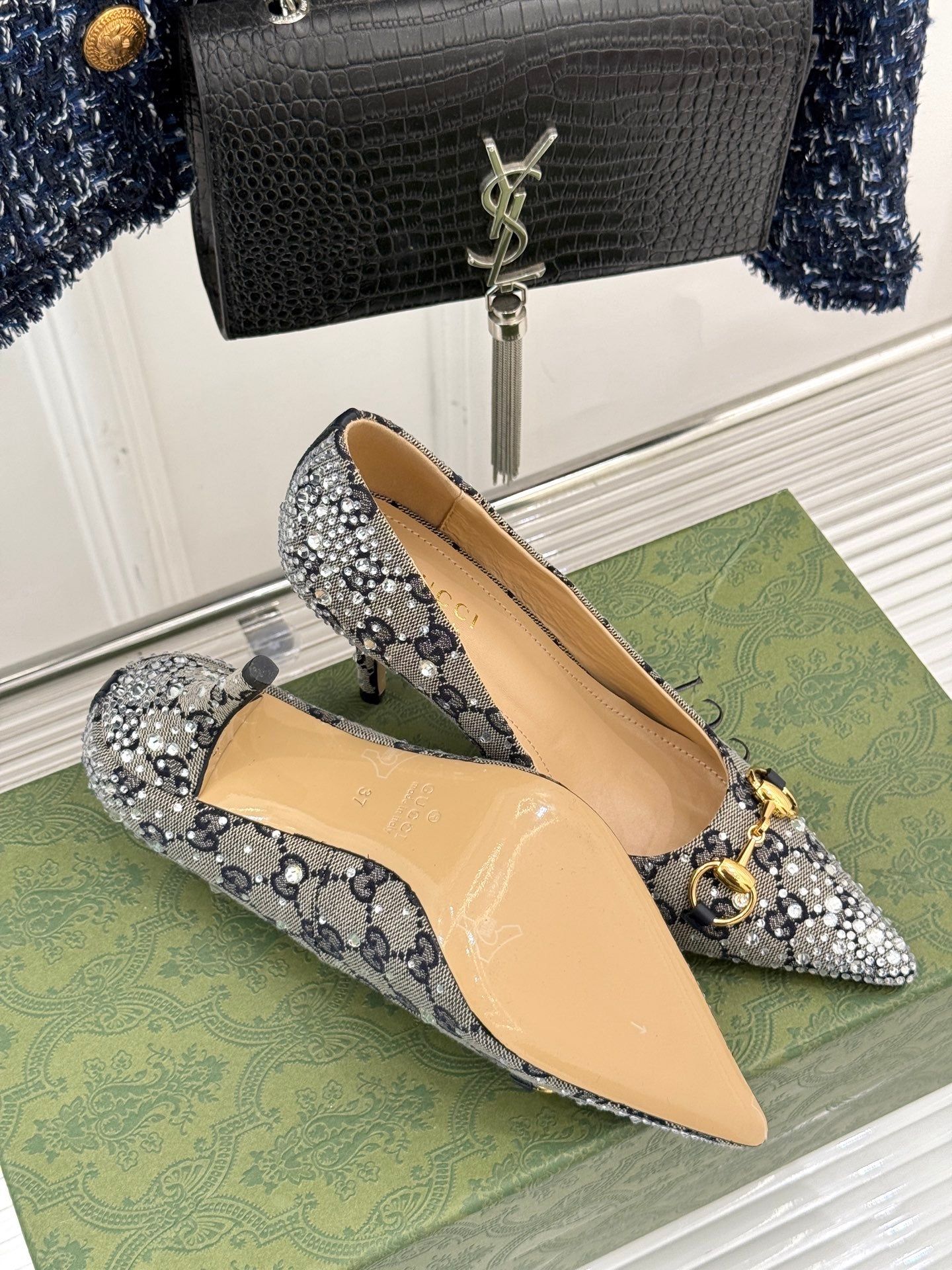 GG Pump 85 Beige Black Ebony Canvas Crystal-Embellished