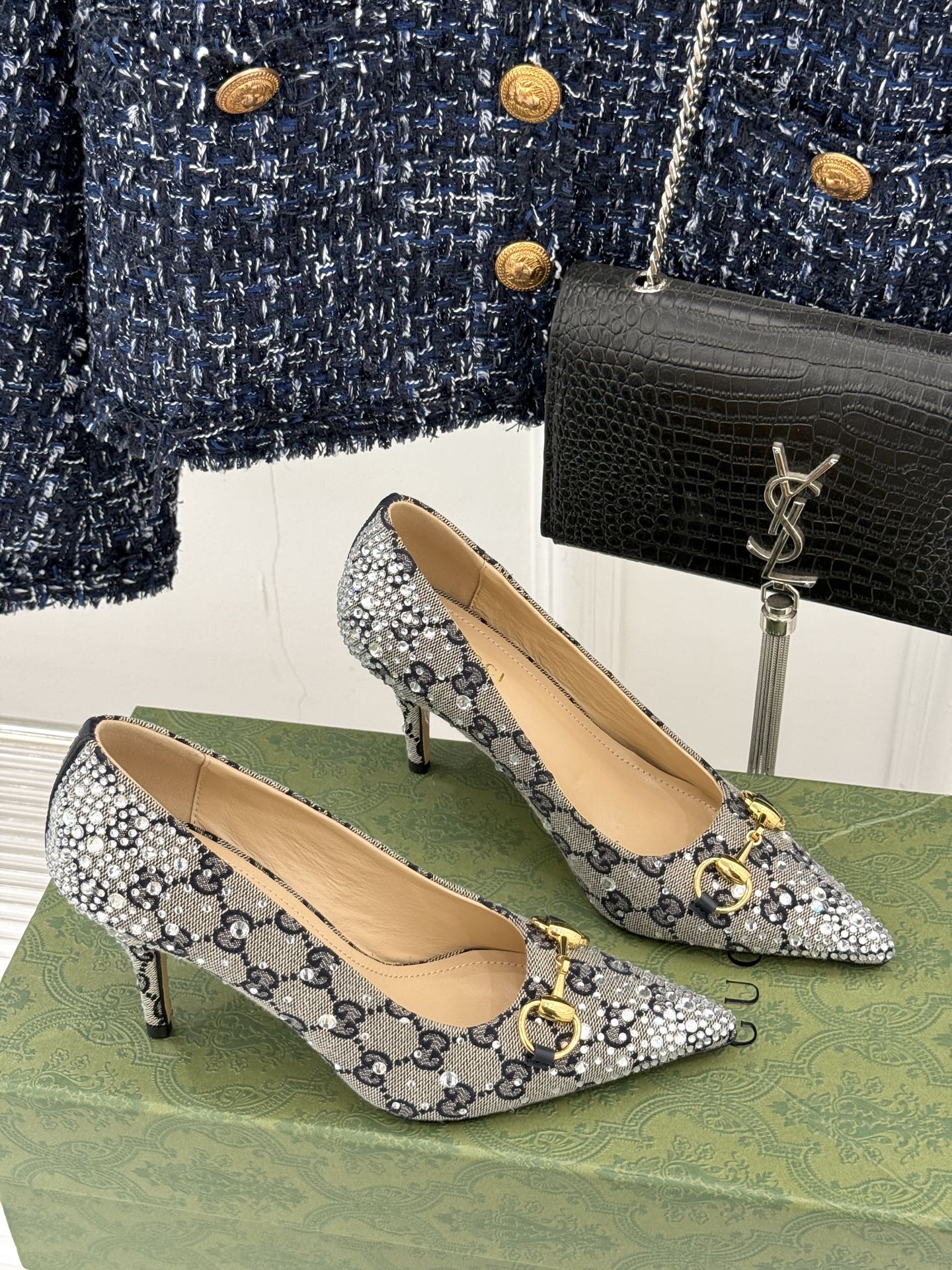 GG Pump 85 Beige Black Ebony Canvas Crystal-Embellished