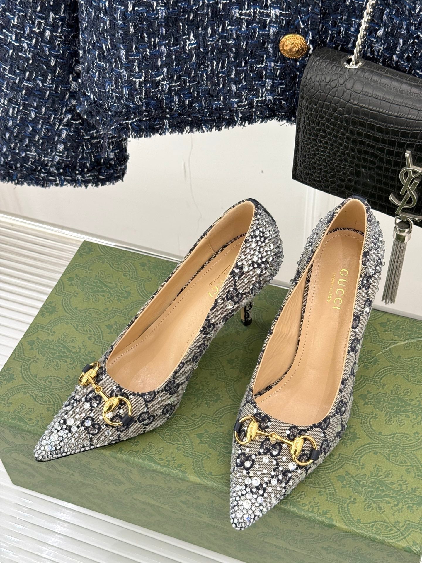 GG Pump 85 Beige Black Ebony Canvas Crystal-Embellished