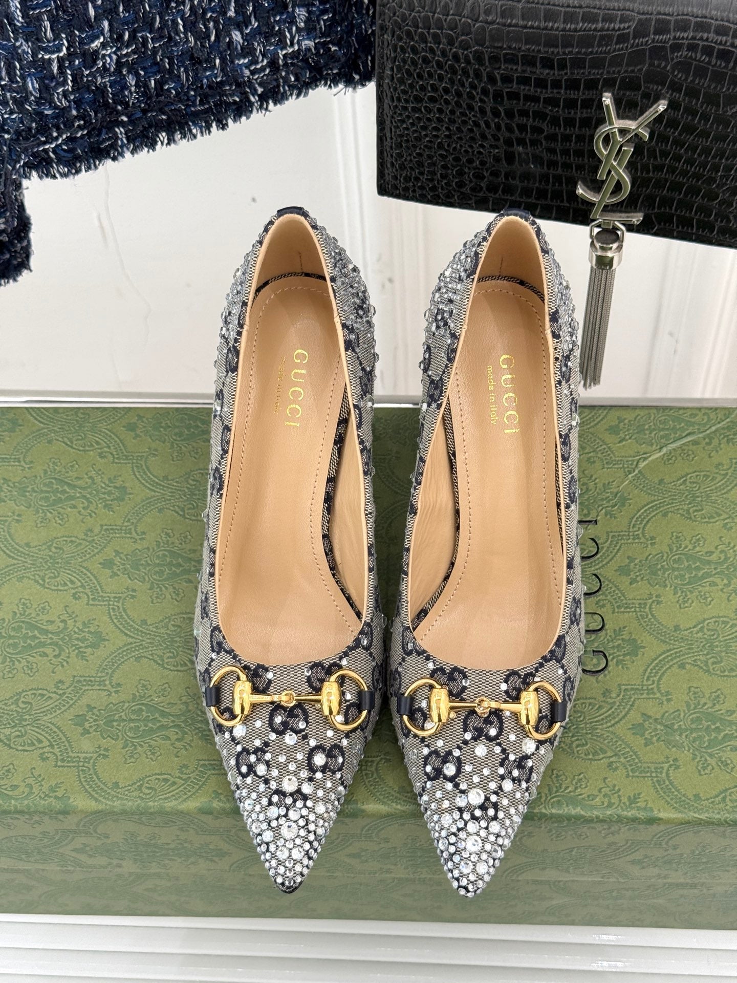 GG Pump 85 Beige Black Ebony Canvas Crystal-Embellished