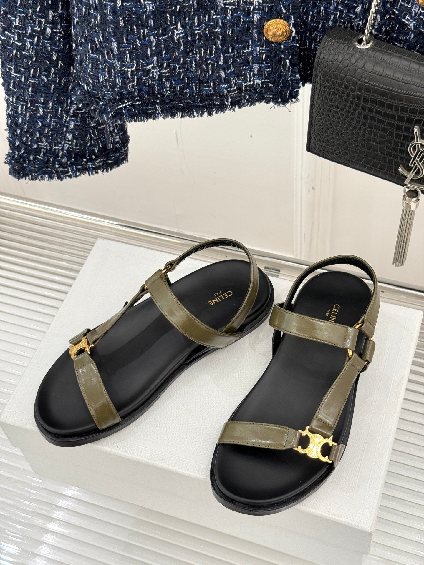 CELINE Maud Sandal Moss Green Leather 285902