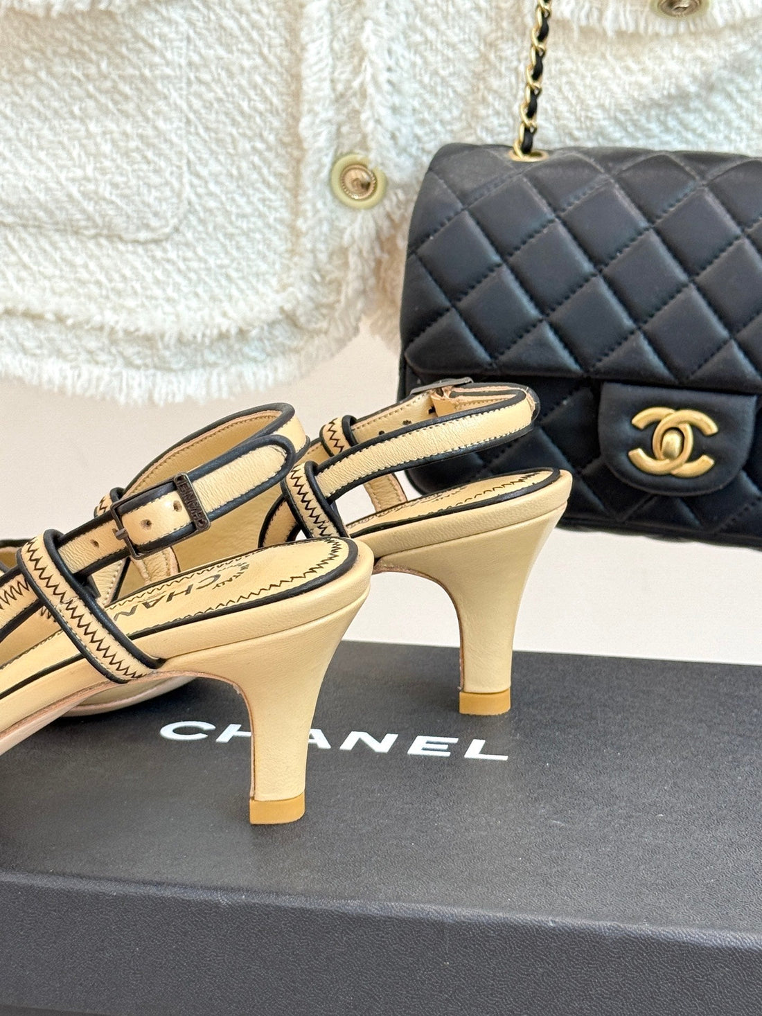 Chanel 25 Slingback Beige Black Sheepskin 473058