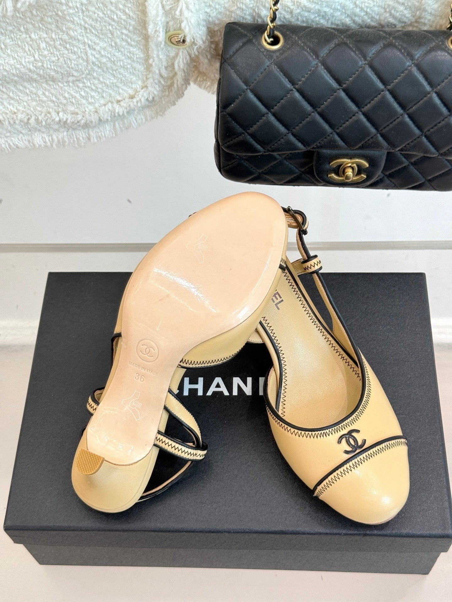 Chanel 25 Slingback Beige Black Sheepskin 473058