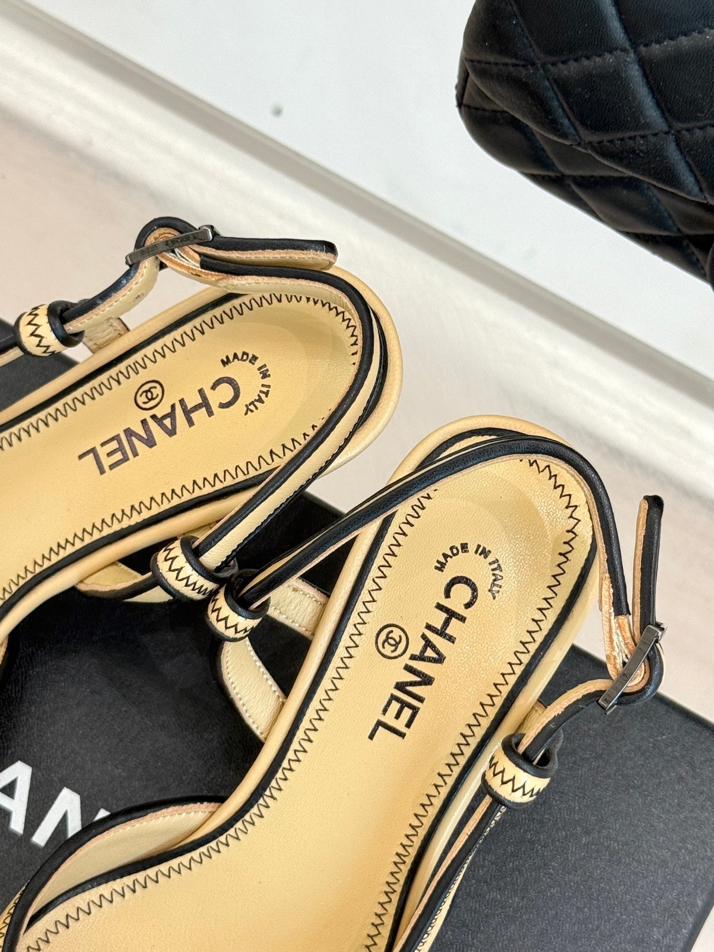 Chanel 25 Slingback Beige Black Sheepskin 473058