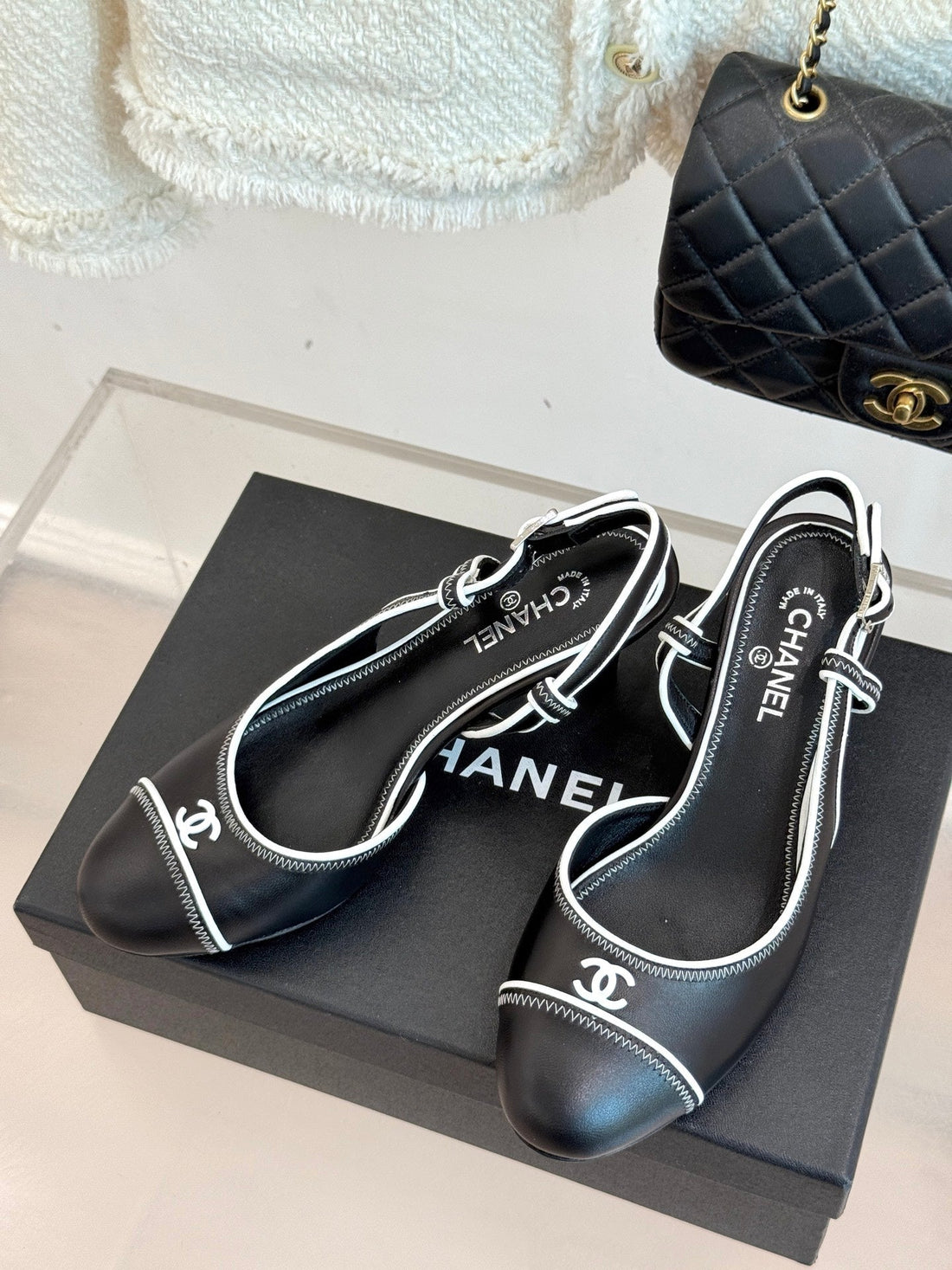 Chanel 25 Slingback Black White Sheepskin 473060