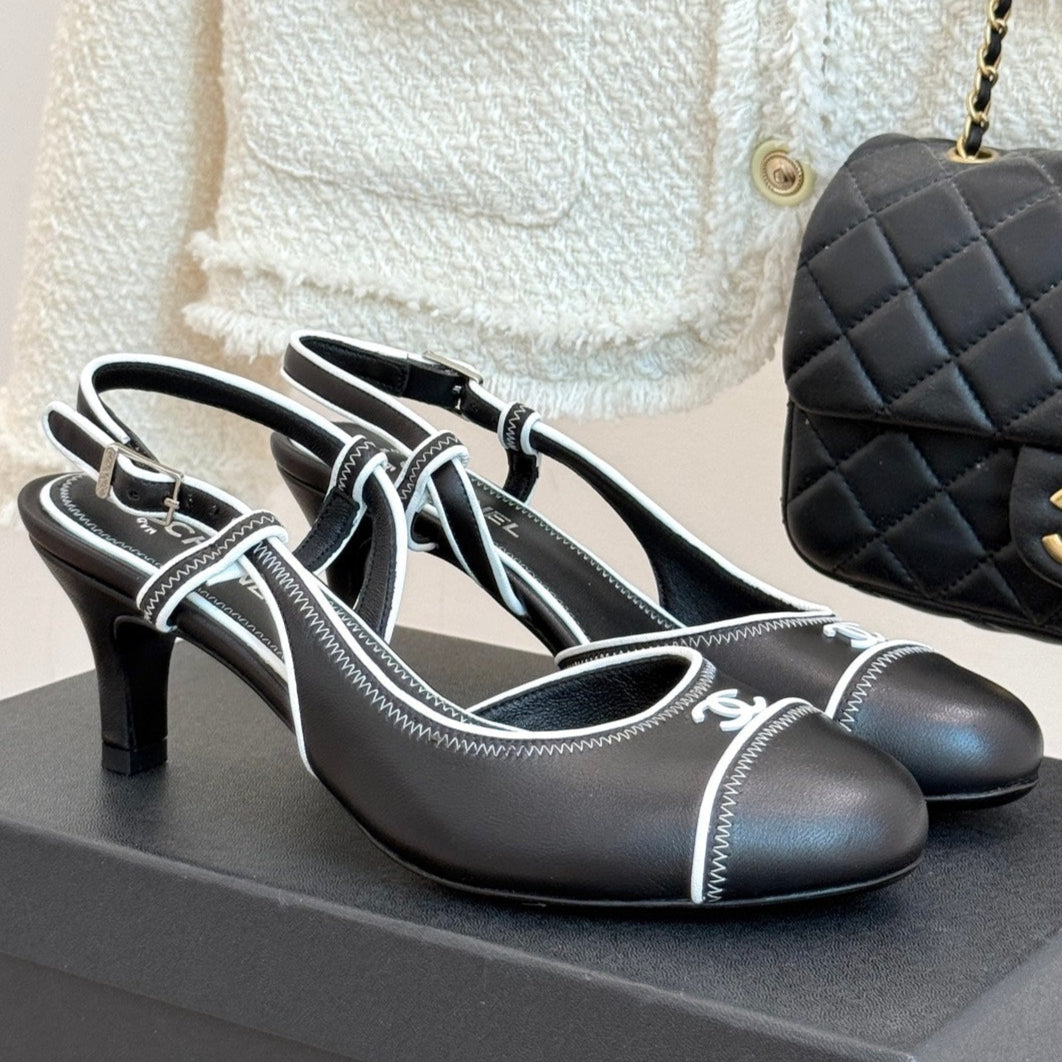 Chanel 25 Slingback Black White Sheepskin 473060