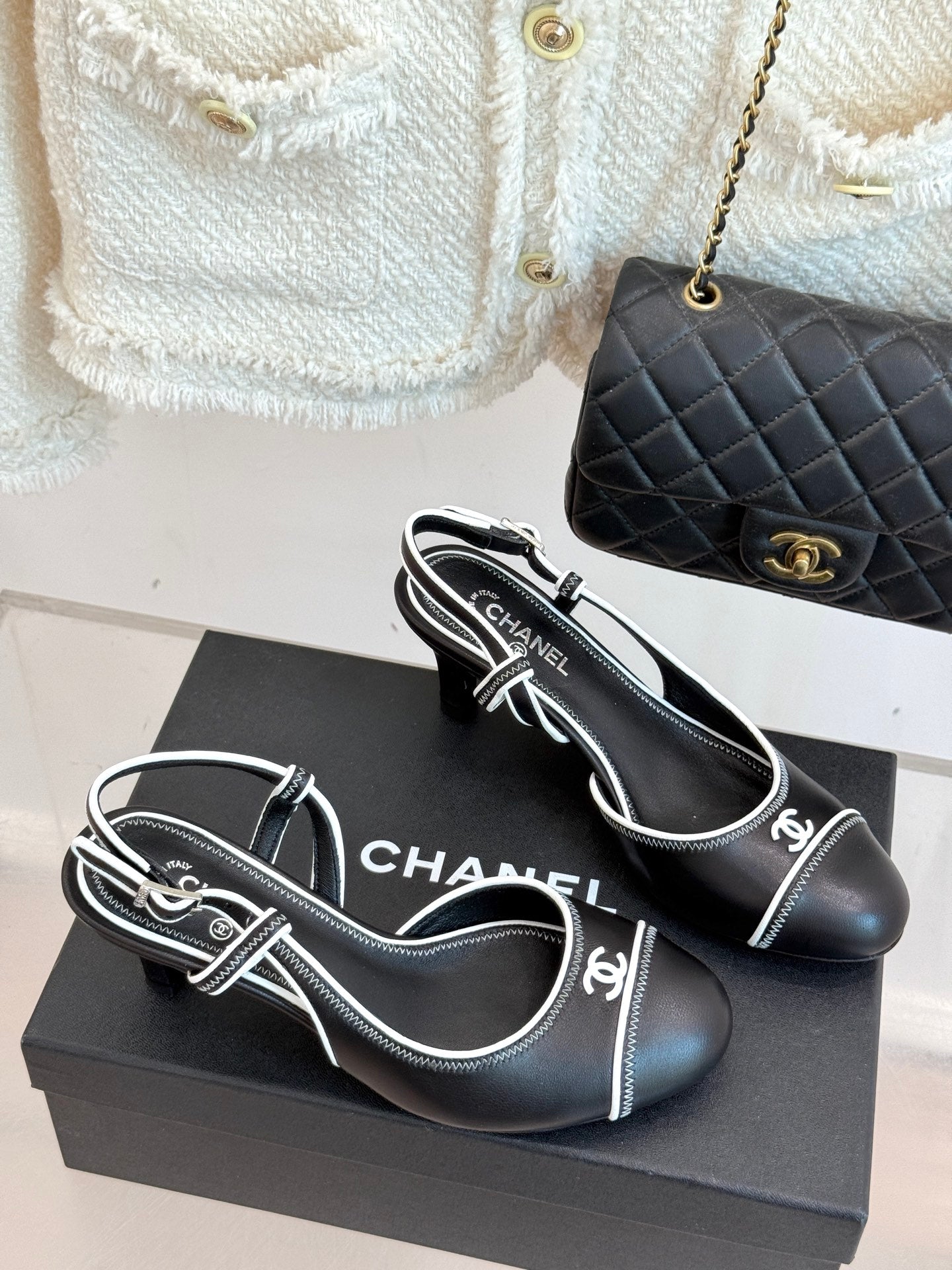 Chanel 25 Slingback Black White Sheepskin 473060