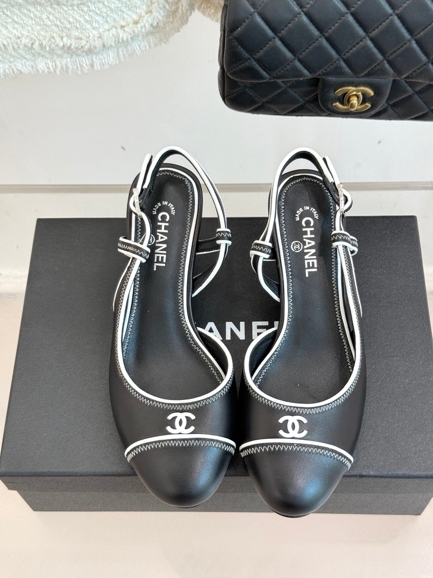 Chanel 25 Slingback Black White Sheepskin 473060