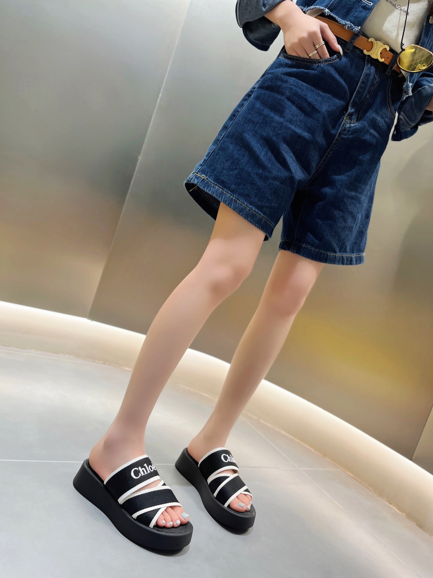 CHLOE PLATFORM SANDALS IN BLACK MIX WHITE DENSITY KNIT