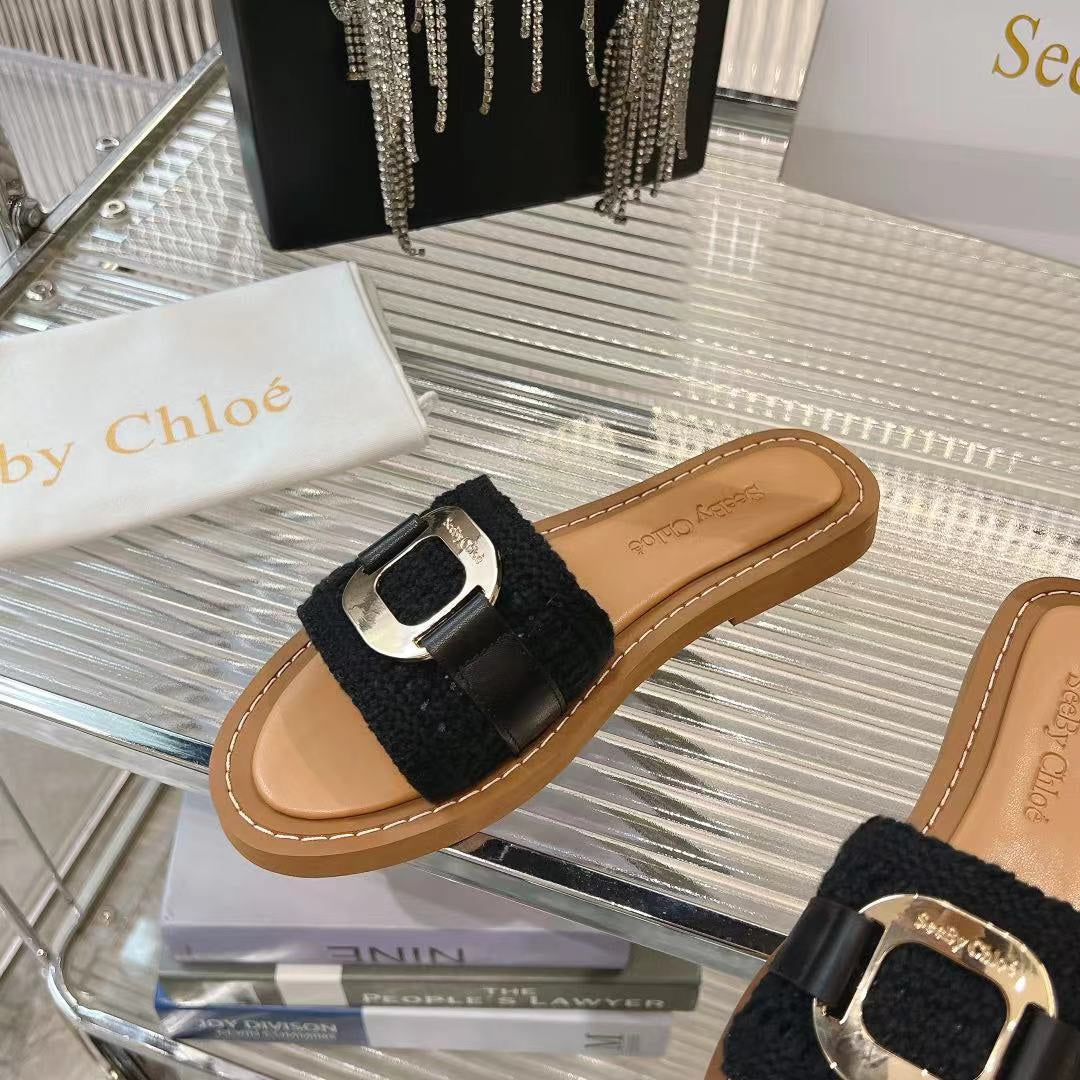 CHLOE WOVEN SLIDE MULE IN BLACK WOOL AND BROWN LAMBSKIN GOLD HARDWARE