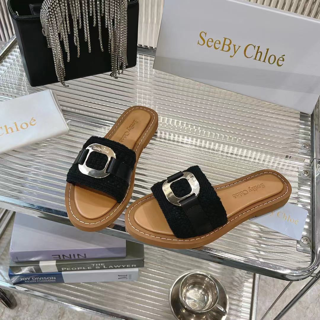 CHLOE WOVEN SLIDE MULE IN BLACK WOOL AND BROWN LAMBSKIN GOLD HARDWARE