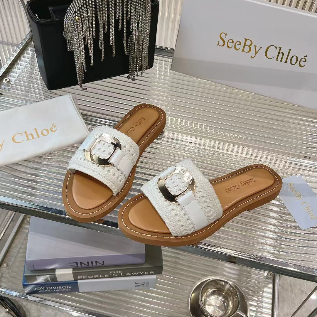 CHLOE WOVEN SLIDE MULE IN WHITE WOOL AND BROWN LAMBSKIN GOLD HARDWARE