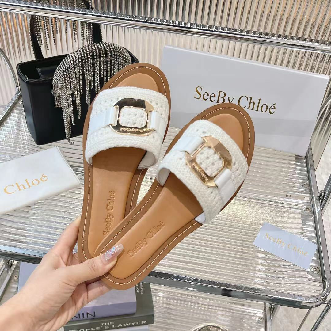 CHLOE WOVEN SLIDE MULE IN WHITE WOOL AND BROWN LAMBSKIN GOLD HARDWARE