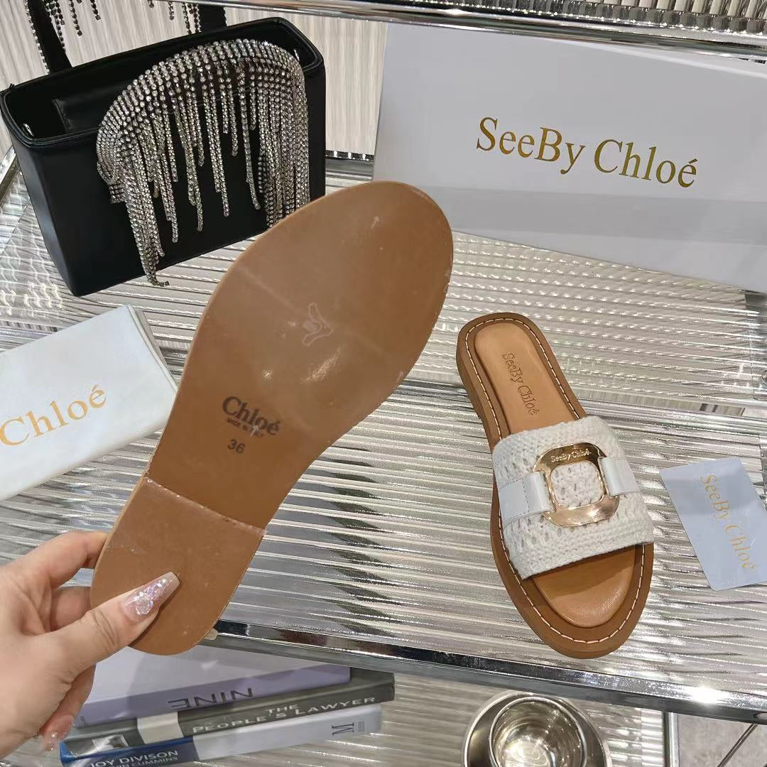 CHLOE WOVEN SLIDE MULE IN WHITE WOOL AND BROWN LAMBSKIN GOLD HARDWARE