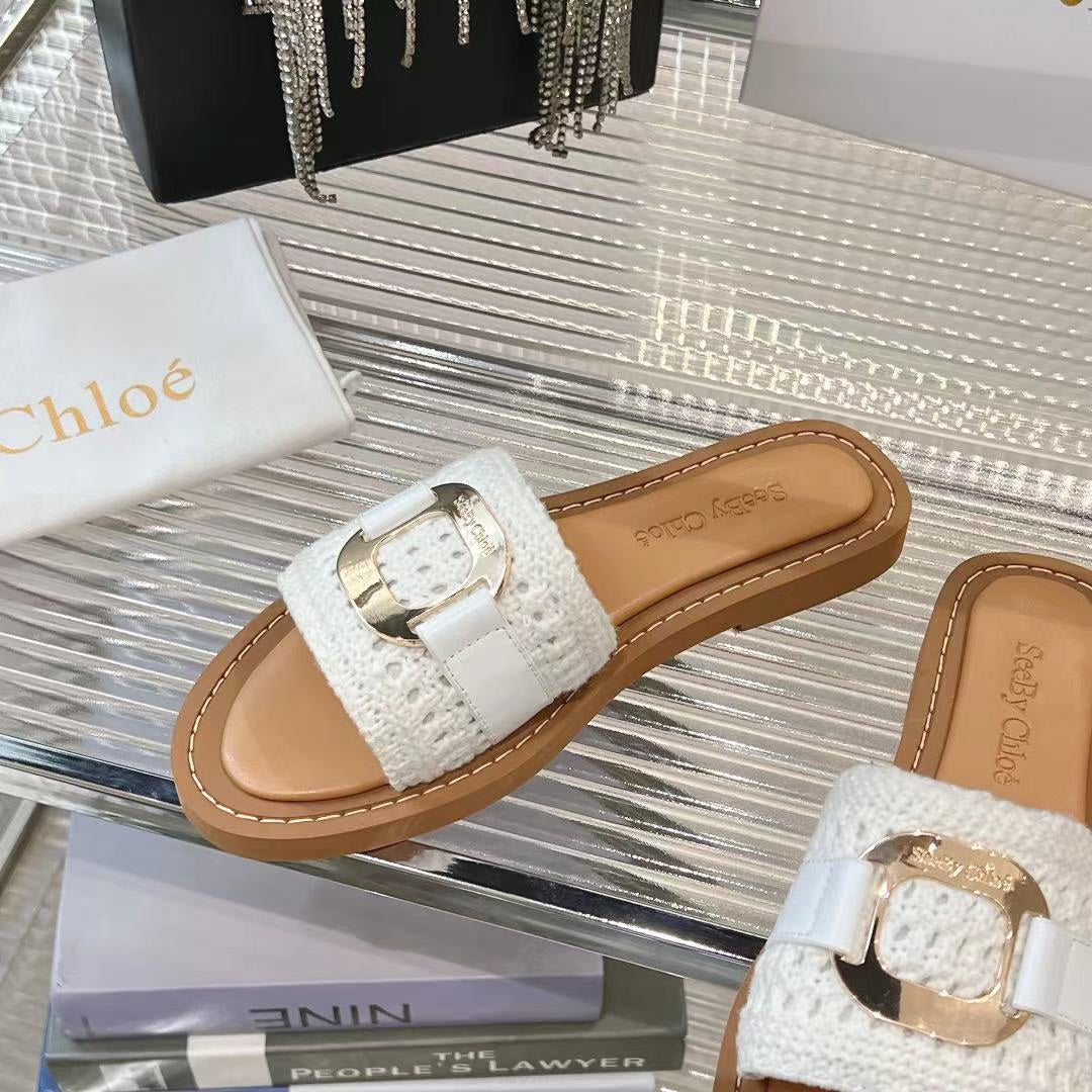 CHLOE WOVEN SLIDE MULE IN WHITE WOOL AND BROWN LAMBSKIN GOLD HARDWARE