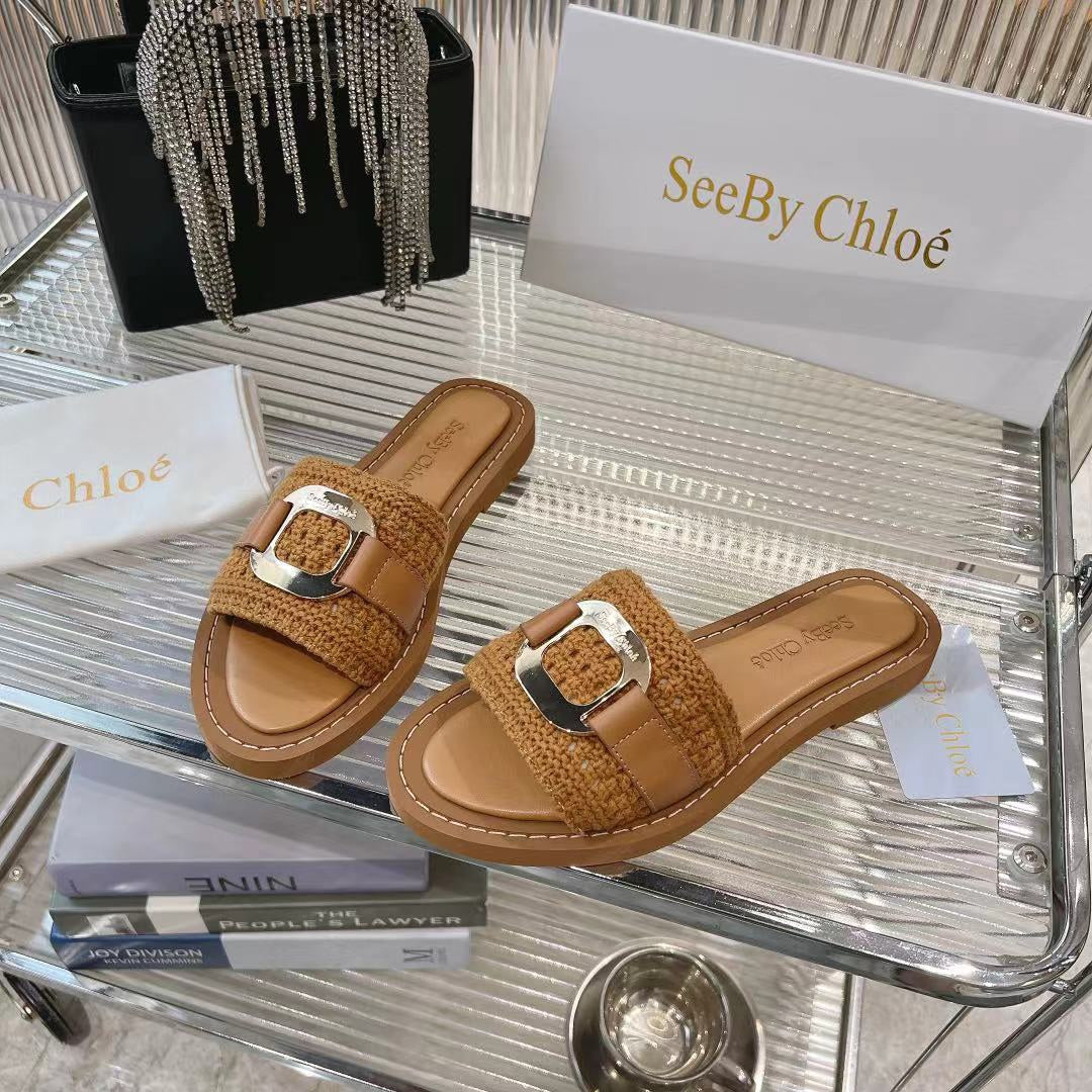 CHLOE WOVEN SLIDE MULE IN RUSSET BROWN WOOL AND LAMBSKIN GOLD HARDWARE
