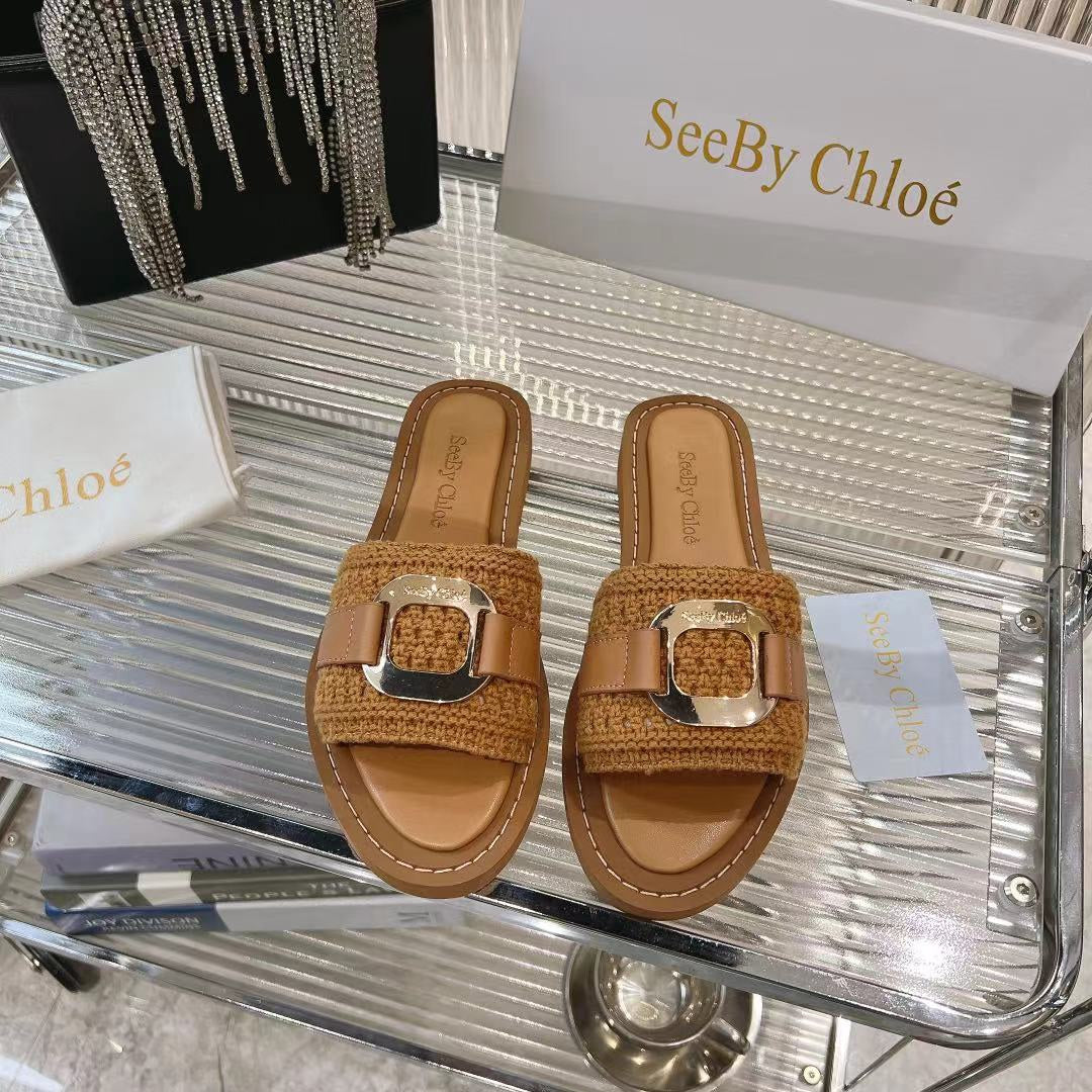 CHLOE WOVEN SLIDE MULE IN RUSSET BROWN WOOL AND LAMBSKIN GOLD HARDWARE