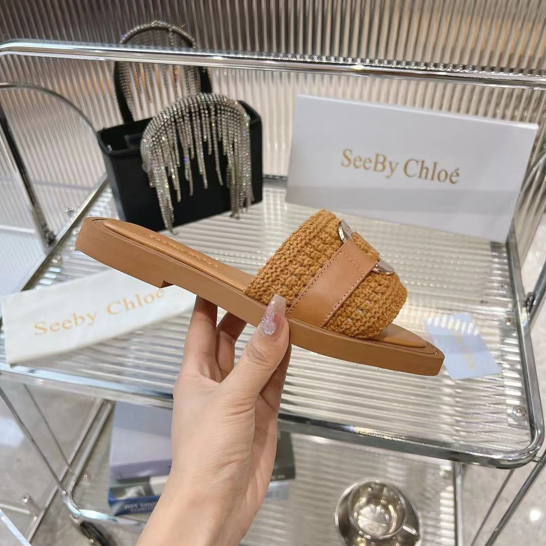 CHLOE WOVEN SLIDE MULE IN RUSSET BROWN WOOL AND LAMBSKIN GOLD HARDWARE