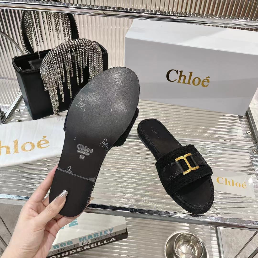CHLOE WOVEN SLIPPER IN BLACK WOOL AND LAMBSKIN GOLD HARDWARE