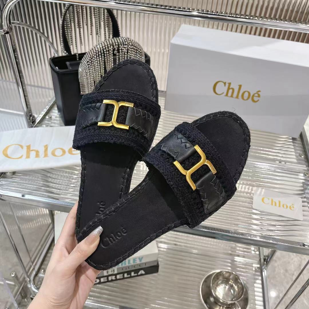 CHLOE WOVEN SLIPPER IN BLACK WOOL AND LAMBSKIN GOLD HARDWARE