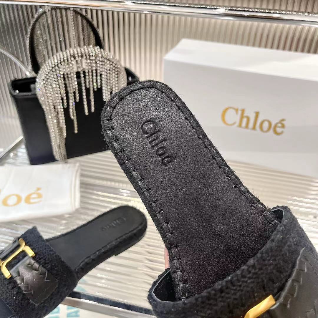 CHLOE WOVEN SLIPPER IN BLACK WOOL AND LAMBSKIN GOLD HARDWARE