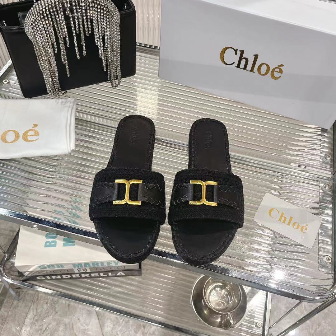 CHLOE WOVEN SLIPPER IN BLACK WOOL AND LAMBSKIN GOLD HARDWARE