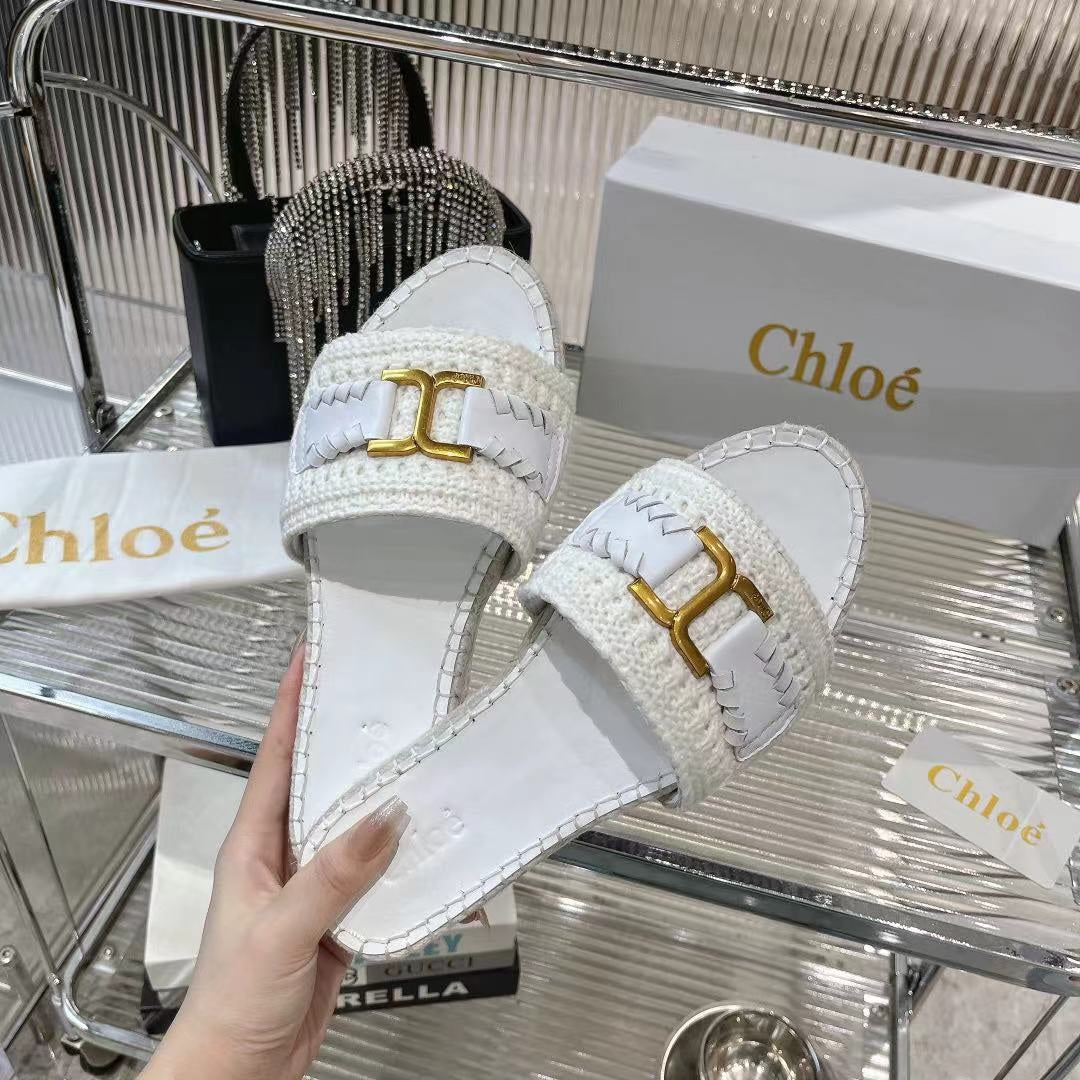 CHLOE WOVEN SLIPPER IN WHITE WOOL AND LAMBSKIN GOLD HARDWARE