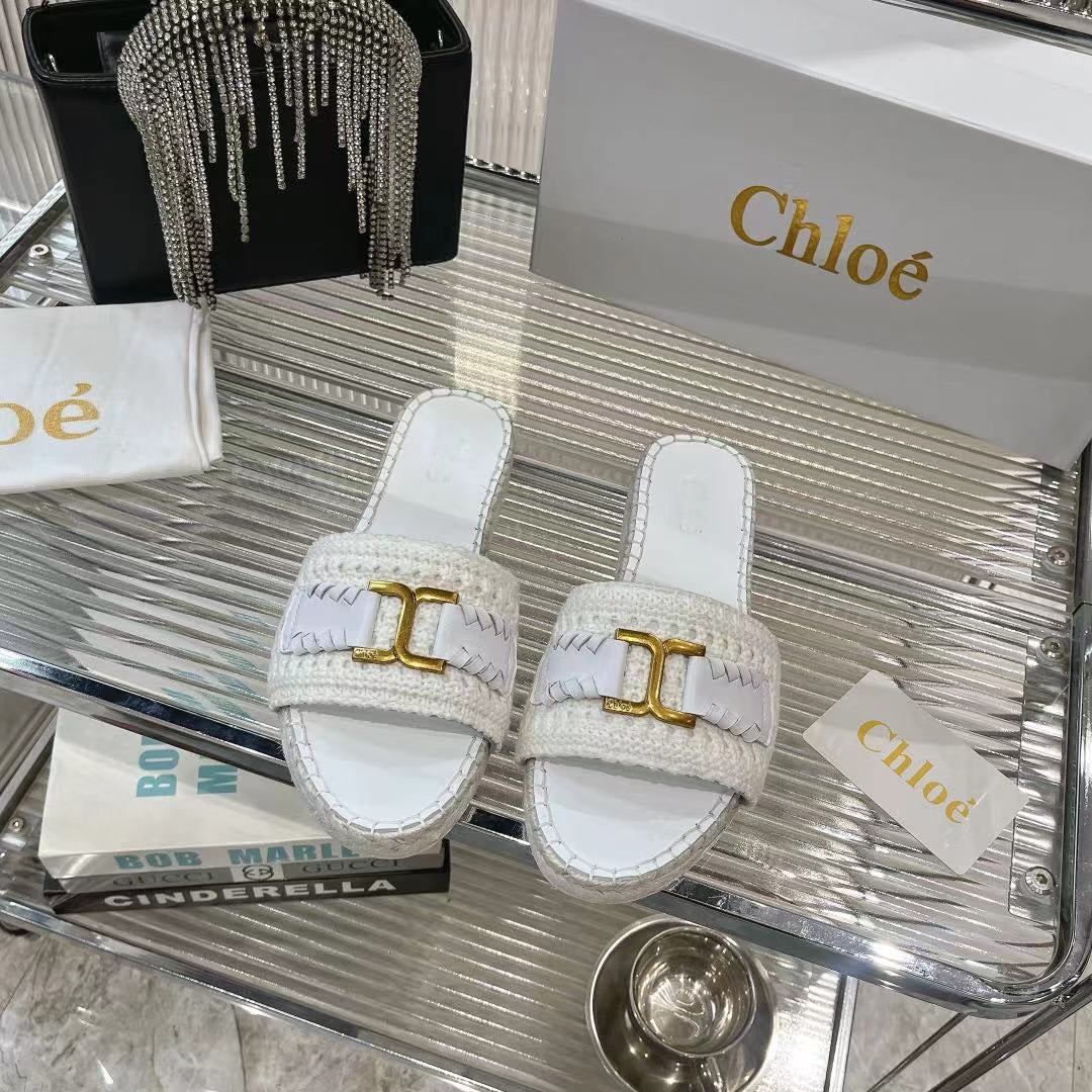 CHLOE WOVEN SLIPPER IN WHITE WOOL AND LAMBSKIN GOLD HARDWARE